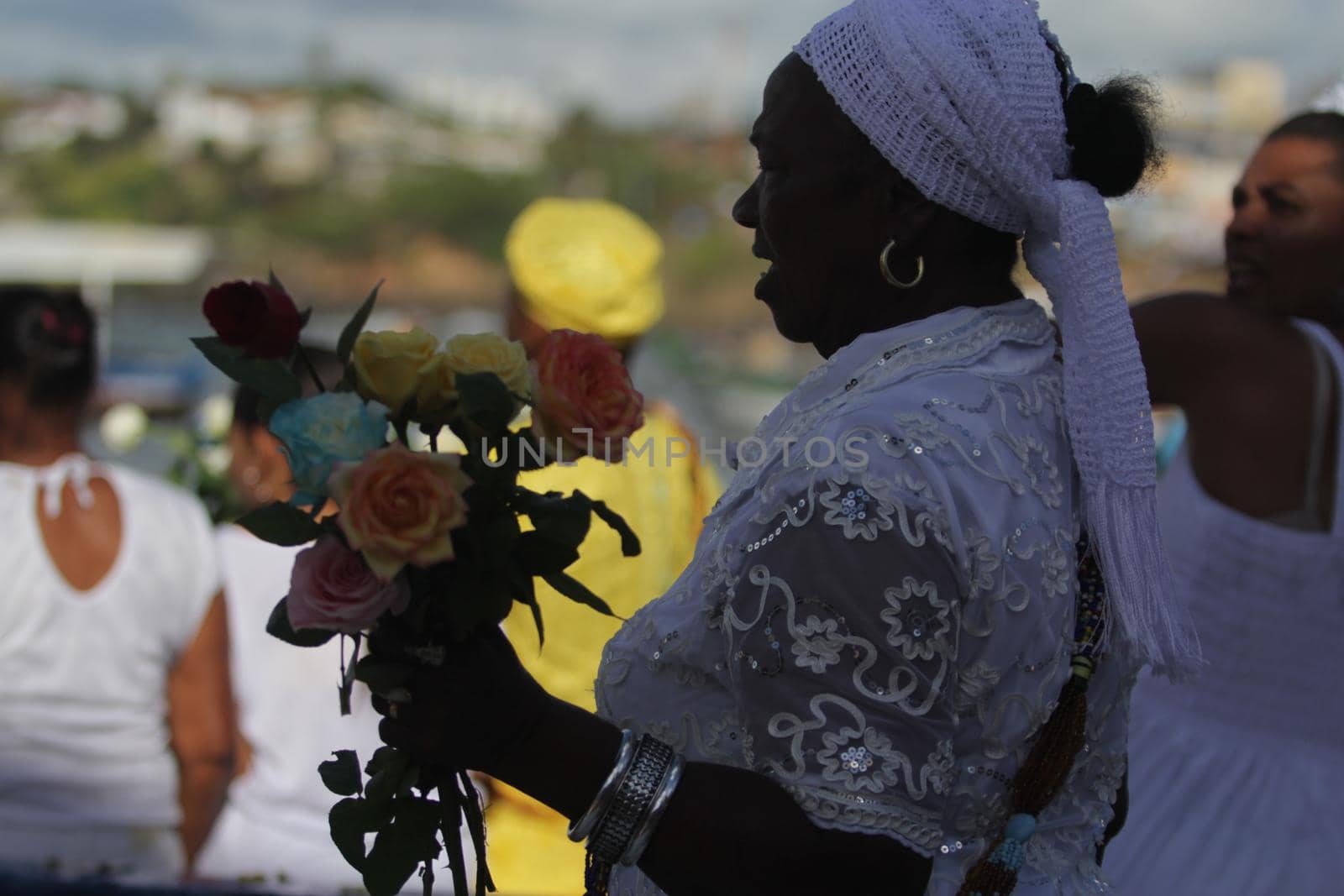 salvador, bahia, brazil - february 2, 2015: Candomble devotees and supporters of the African matriaz religion pay tribute to the orixa Yemanja in the city of Salvador.