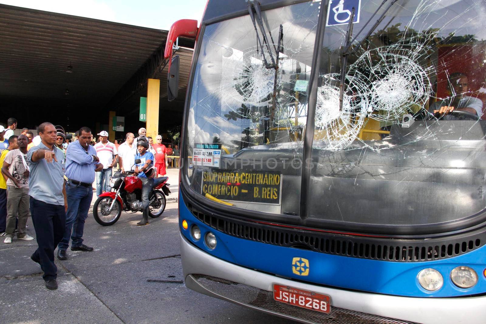 salvador, bahia, brazil - july 3, 2014: Salvador city public transport bus with stoned windshield during drivers' strike.