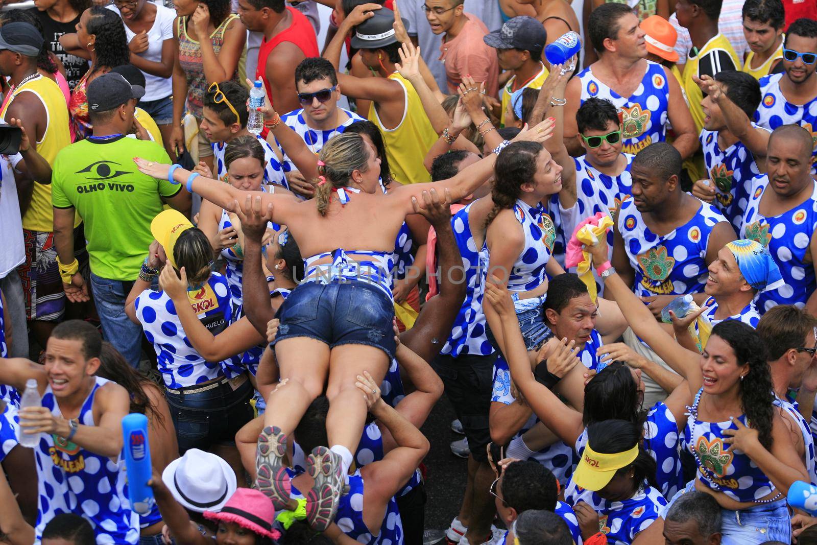 salvador, bahia, brazil - march 4, 2014: Young man is seen carried by the crowd during a performance at the Camaleao Carnival Block in Salvador city.