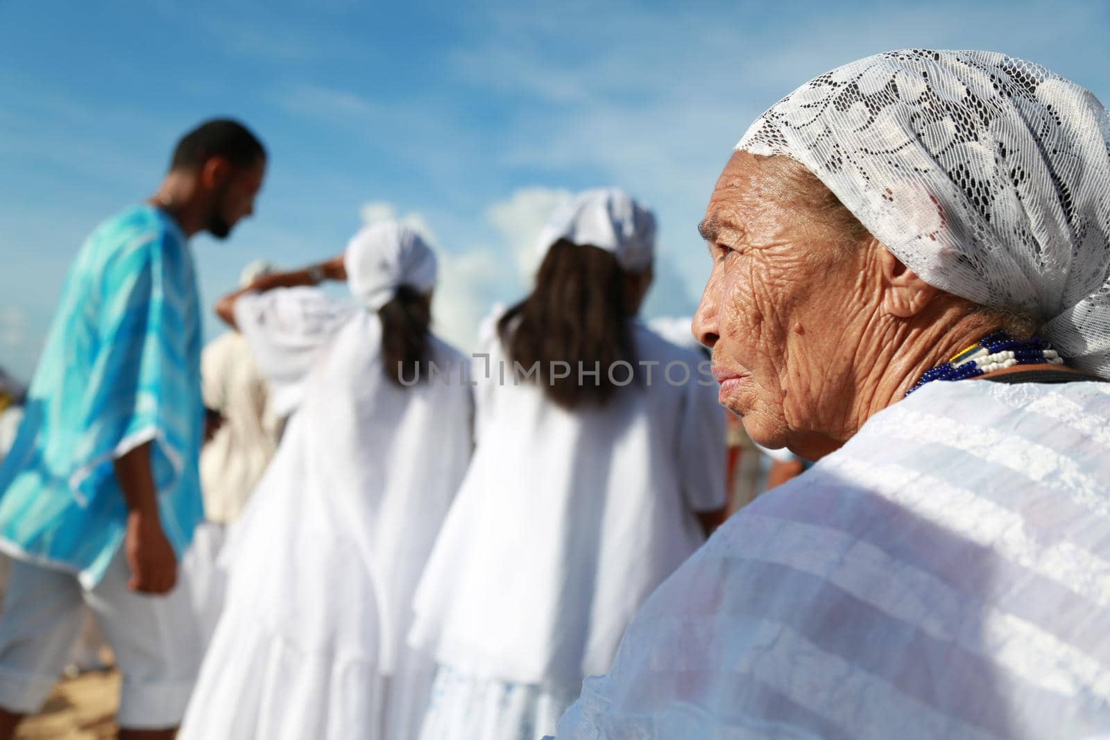 salvador, bahia, brazil - february 2, 2015: Candomble devotees and supporters of the African matriaz religion pay tribute to the orixa Yemanja in the city of Salvador.