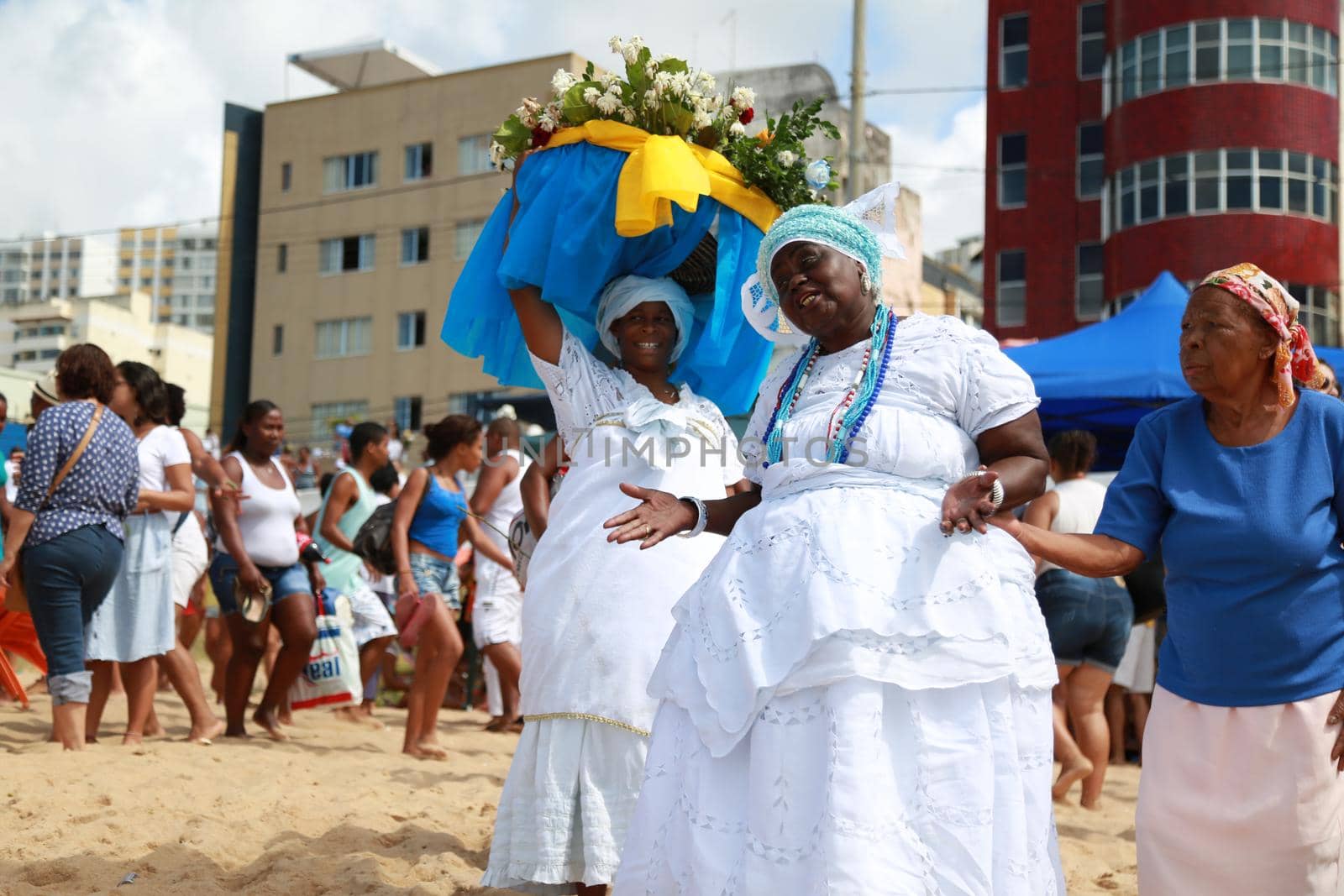 salvador, bahia, brazil - february 2, 2015: Candomble devotees and supporters of the African matriaz religion pay tribute to the orixa Yemanja in the city of Salvador.