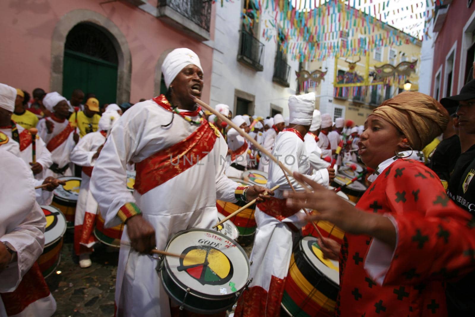 salvador, bahia / brazil - february 13, 2015: Members of the Olodum Band are seen during a presentation of the entity's headquarters in the Pelourinho neighborhood, during the Salvador Carnival.