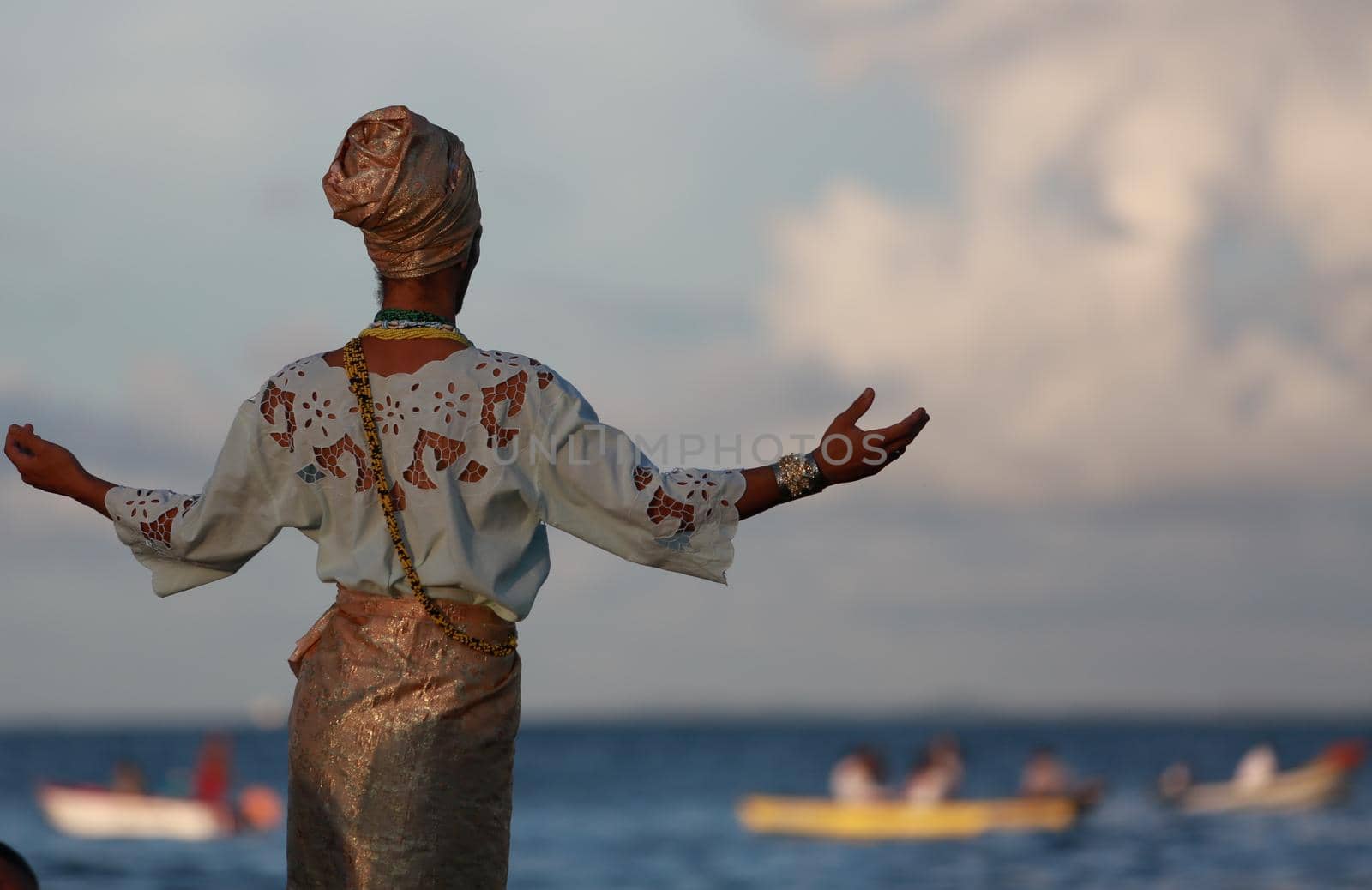 salvador, bahia, brazil - february 2, 2015: Candomble devotees and supporters of the African matriaz religion pay tribute to the orixa Yemanja in the city of Salvador.