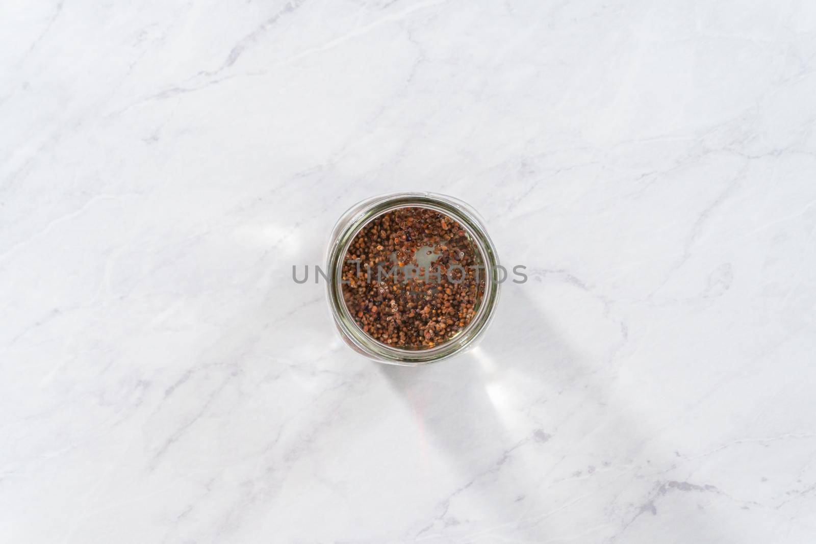 Day 1. Flat lay. Growing organic sprouts in a mason jar with sprouting lid on the kitchen counter.
