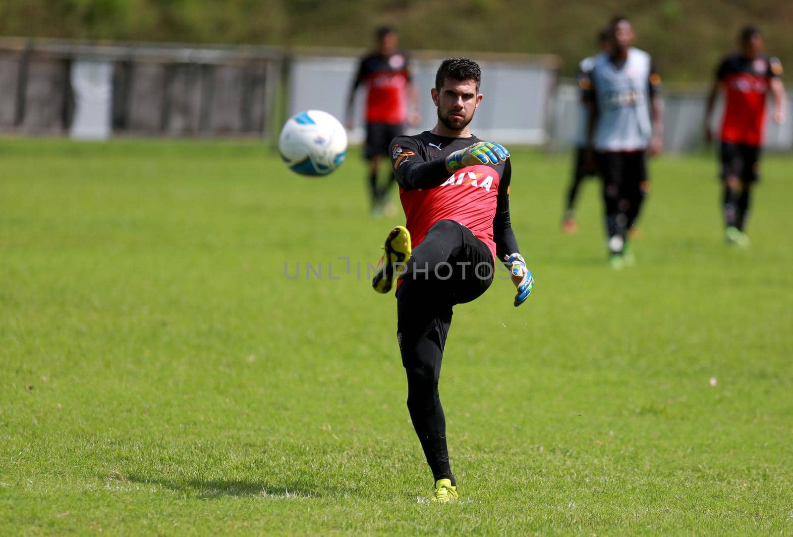salvador, bahia / brazil - may 5, 2015: Fernando Miguel Kaufmann, goalkeeper of Esporte Clube Vitoria is seen during team training in the city of Salvador.