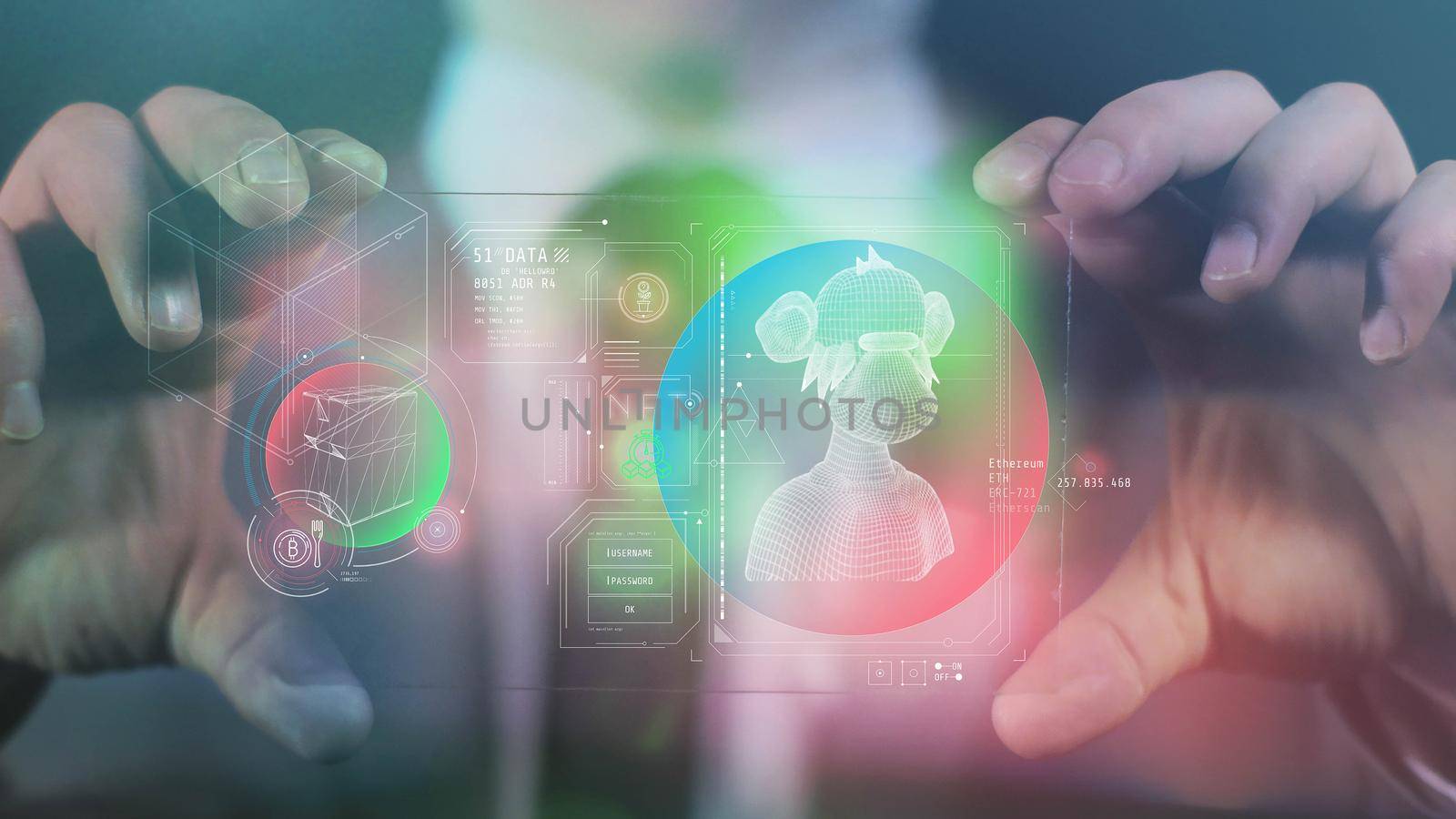 Close-up of male hands holding a future tablet with NFT data information.