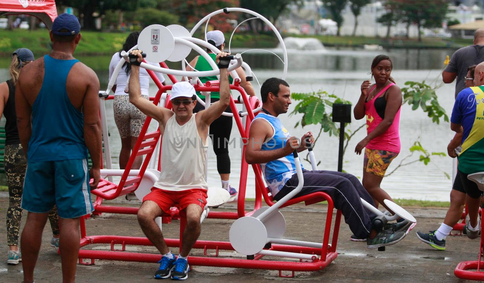 salvador, bahia, brazil - september 1, 2015: people practicing physical activity in an outdoor gym at Dique de Itororo in the city of Salvador.