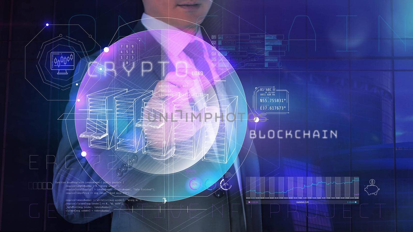 An employee of a brokerage firm fulfilling orders for the processing of cryptocurrency data on a holographic panel.
