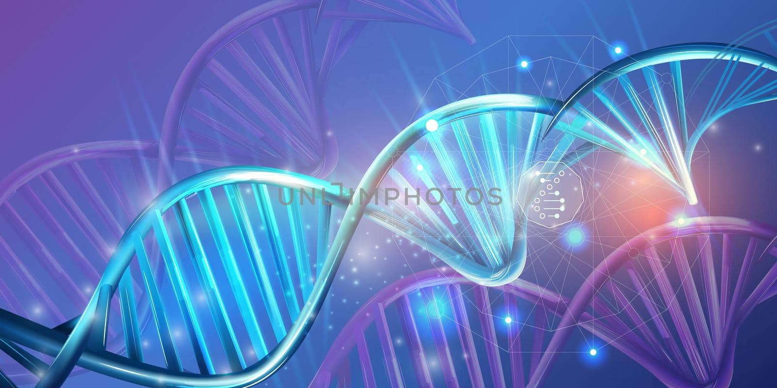 Abstract DNA strands with infographic elements glowing in virtual space.
