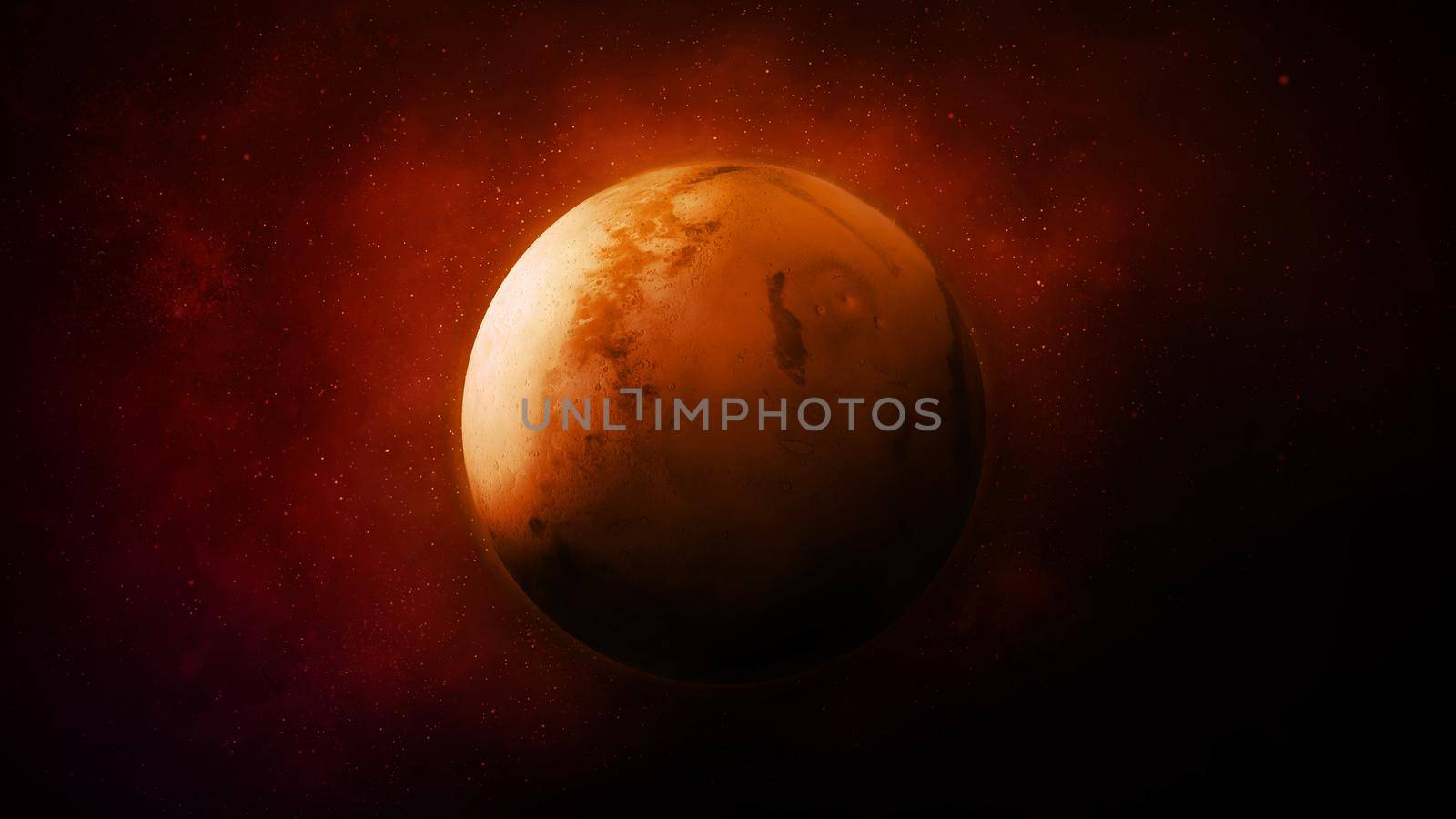 Red planet Mars with stars and space nebulae in the background.