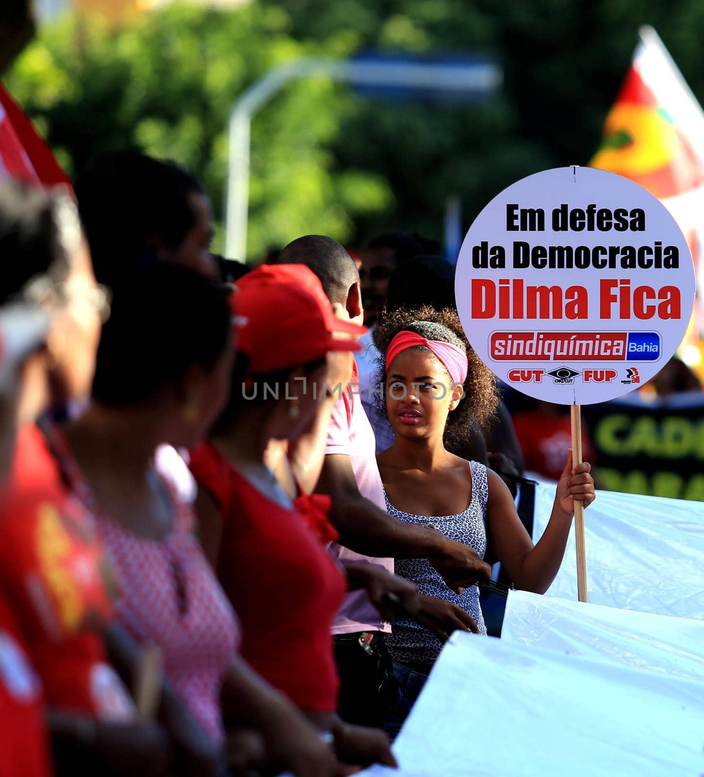 salvador, bahia, brazil - dec. 16, 2015: members of the trade union centrals, political parties and social movements mobilize in favor of president Dilma Rousseff and asking Eduardo Cunha to leave the presidency of the Chamber of Deputies.


