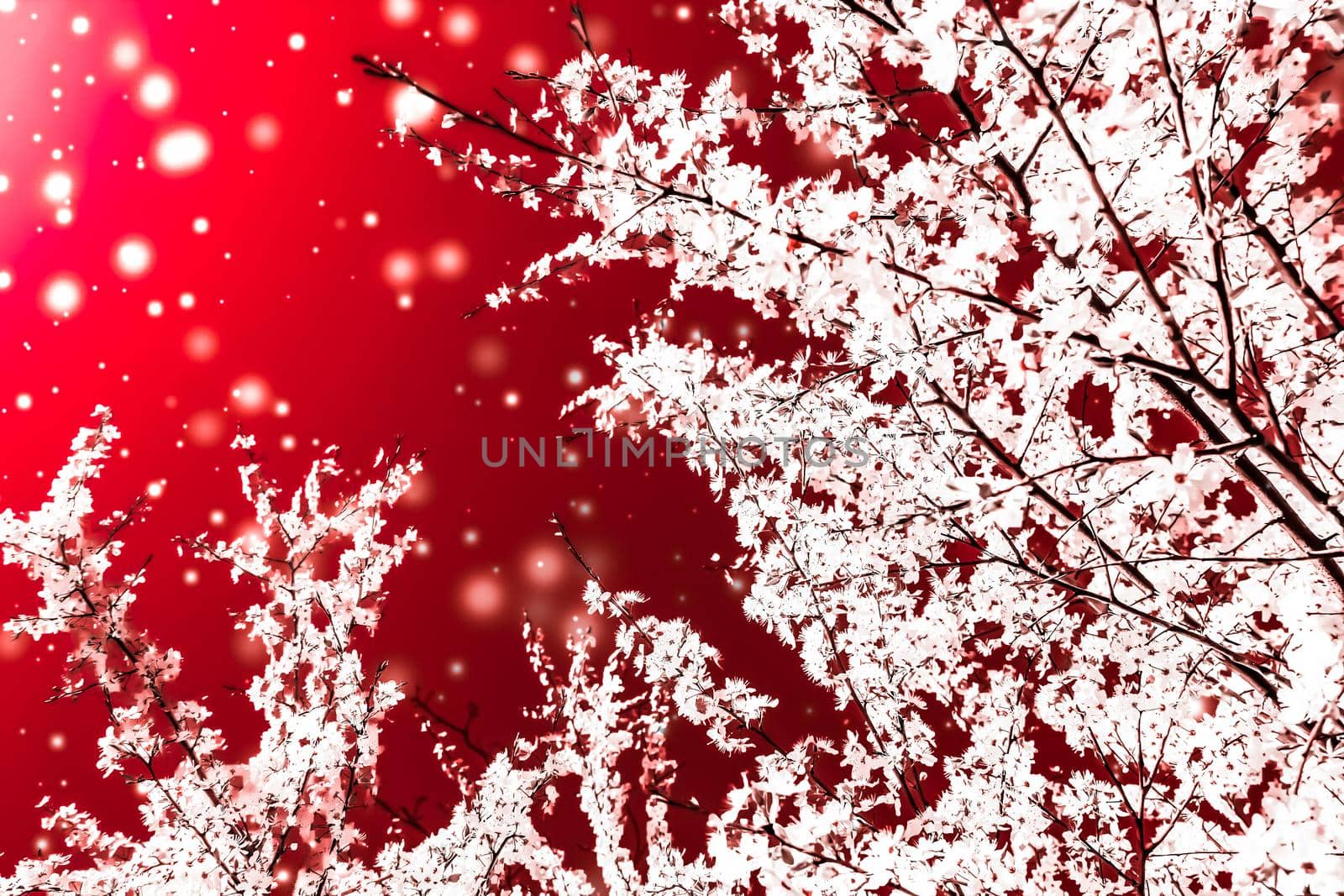 Branding, magic and festive concept - Christmas, New Years red floral background, holiday card design, flower tree and snow glitter as winter season sale promotion backdrop for luxury beauty brand