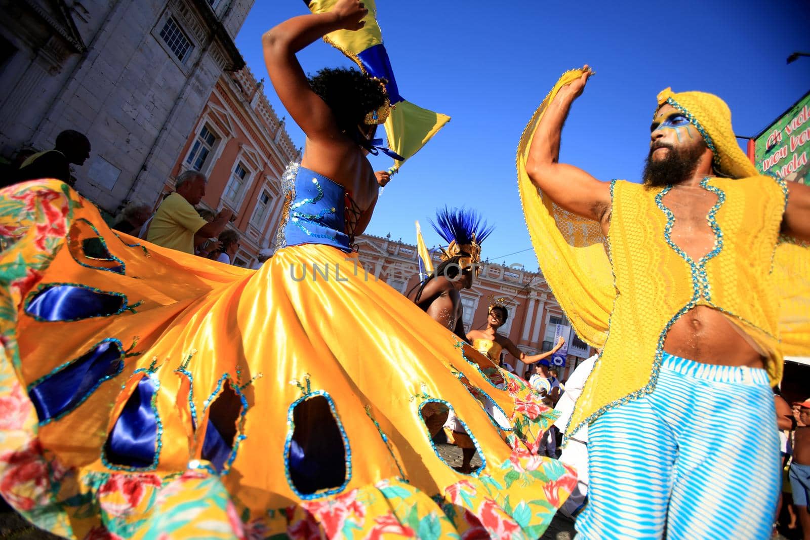 salvador, bahia / brazil - february 5, 2016: Members of Itapua United Samba School are seen during parade at Pelourinho in Salvador city carnival.
