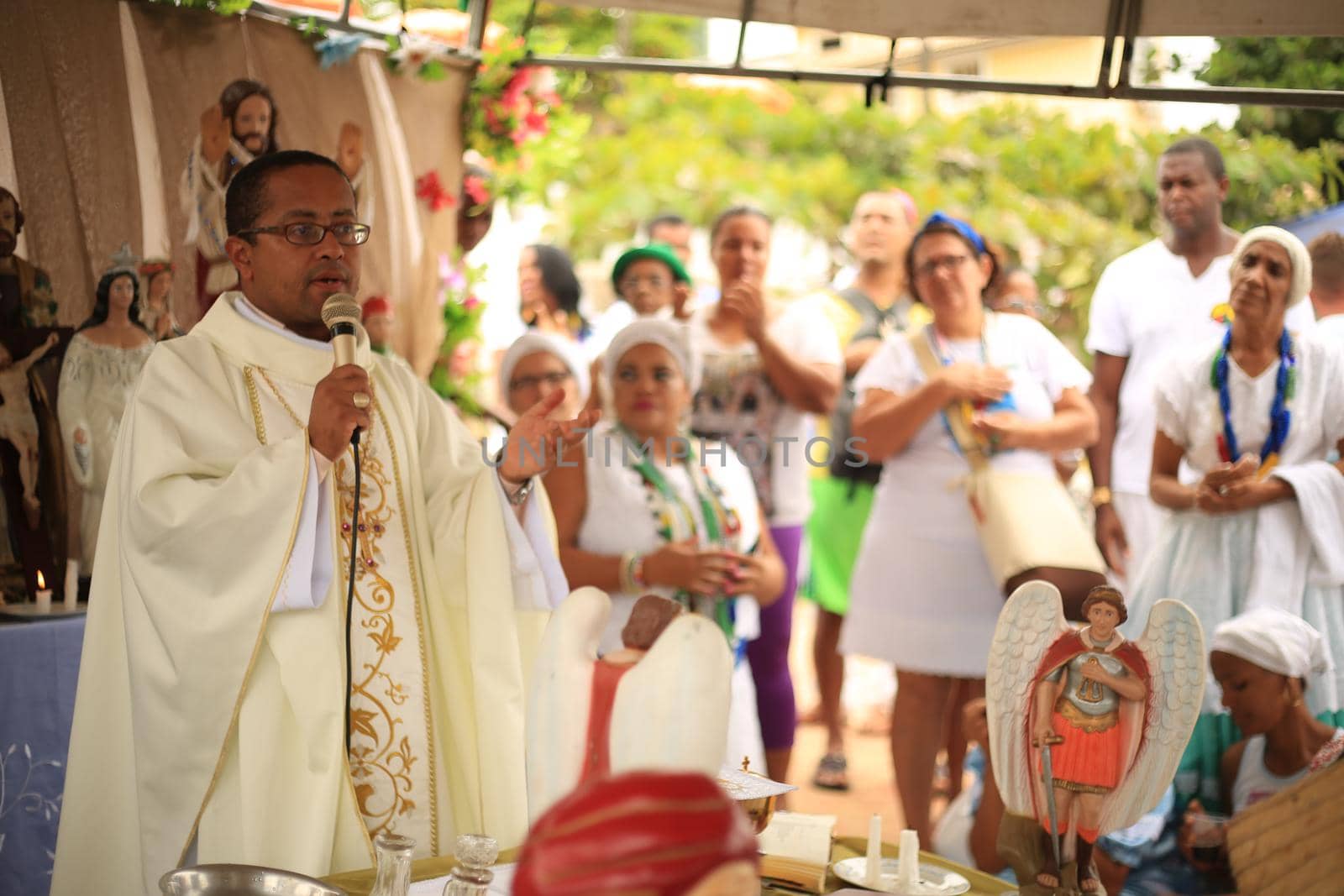 salvador, bahia, brazil - fevereiro 2, 2016: Candomble members and religion lovers participate in a party in honor of Orixa Yemanja on a beach in the city of Salvador.