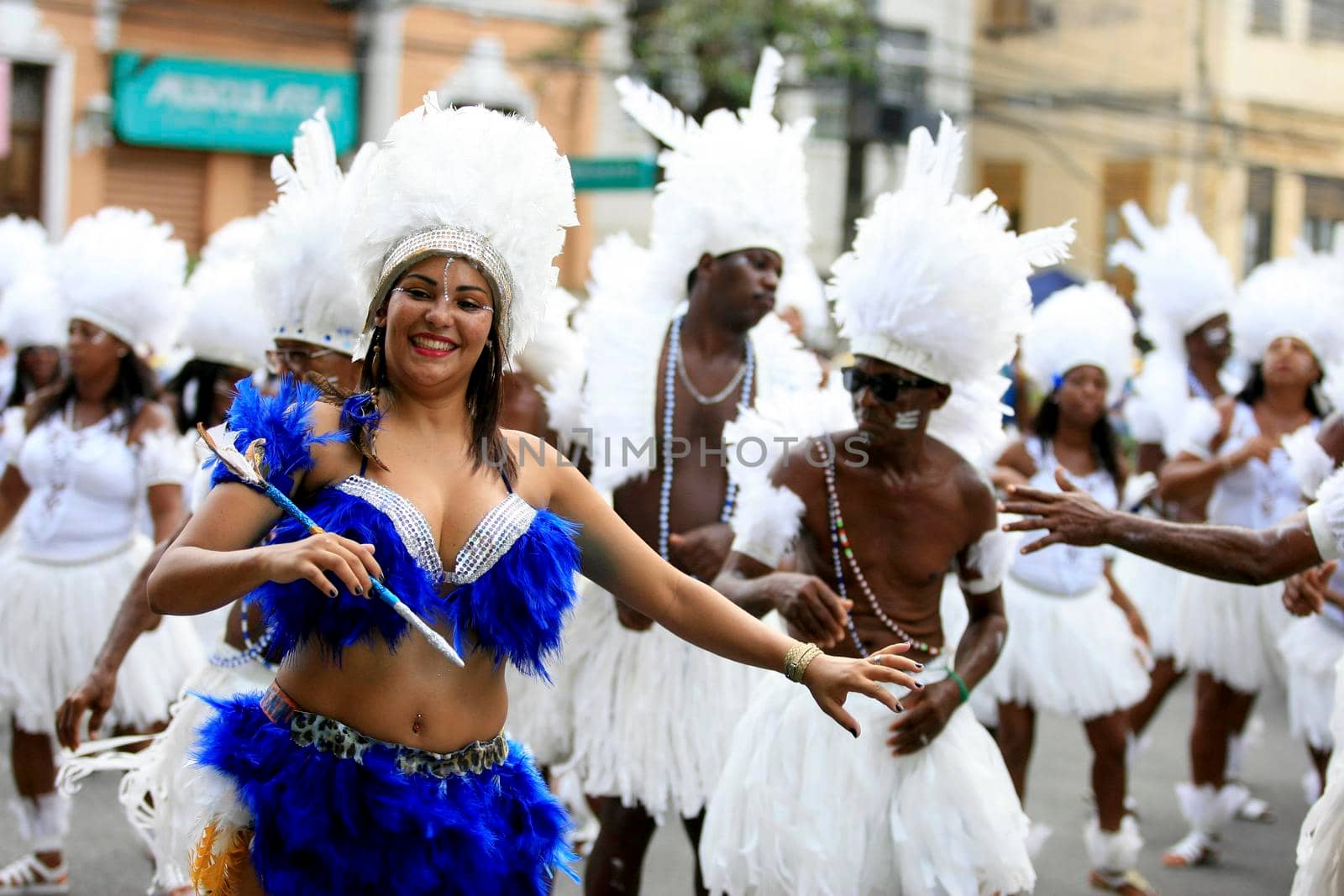 salvador, bahia, brazil - february 24, 2017: Members of the Commanches carnival block are seen during a parade on the Salvador city's carnival circuit.