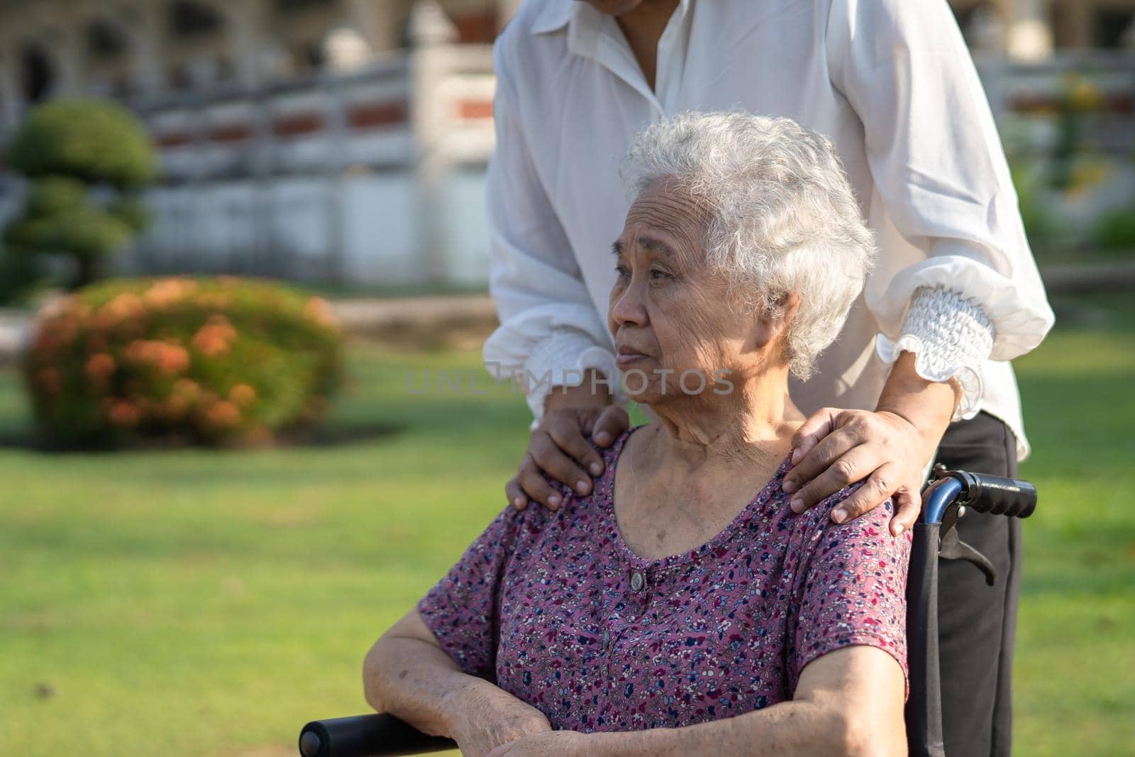 Caregiver help and care Asian senior or elderly old lady woman patient sitting on wheelchair in park, healthy strong medical concept. by pamai