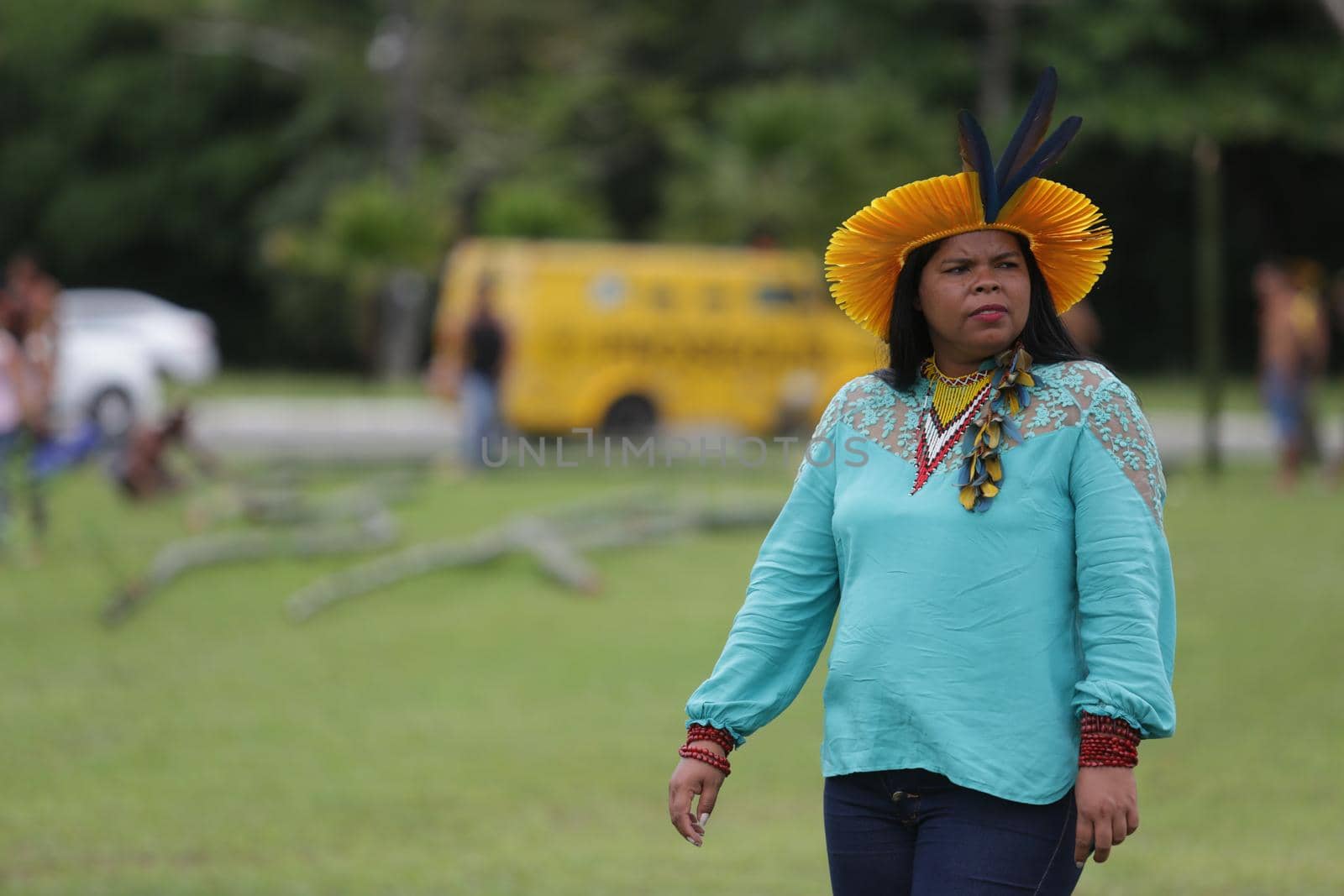 salvador, bahia / brazil - may 29, 2017: indigenous woman from Pataxo ethnicity is seen during a camp at the Bahia Administrative Center in Salvador to discuss the political situation and demand land demarcation.