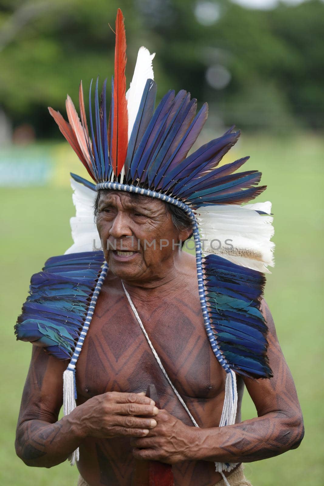 salvador, bahia / brazil - May 7, 2019: Indigenous of Bahia tribe are seen during to debate political conjuncture and demand demarcation of indigenous lands. 