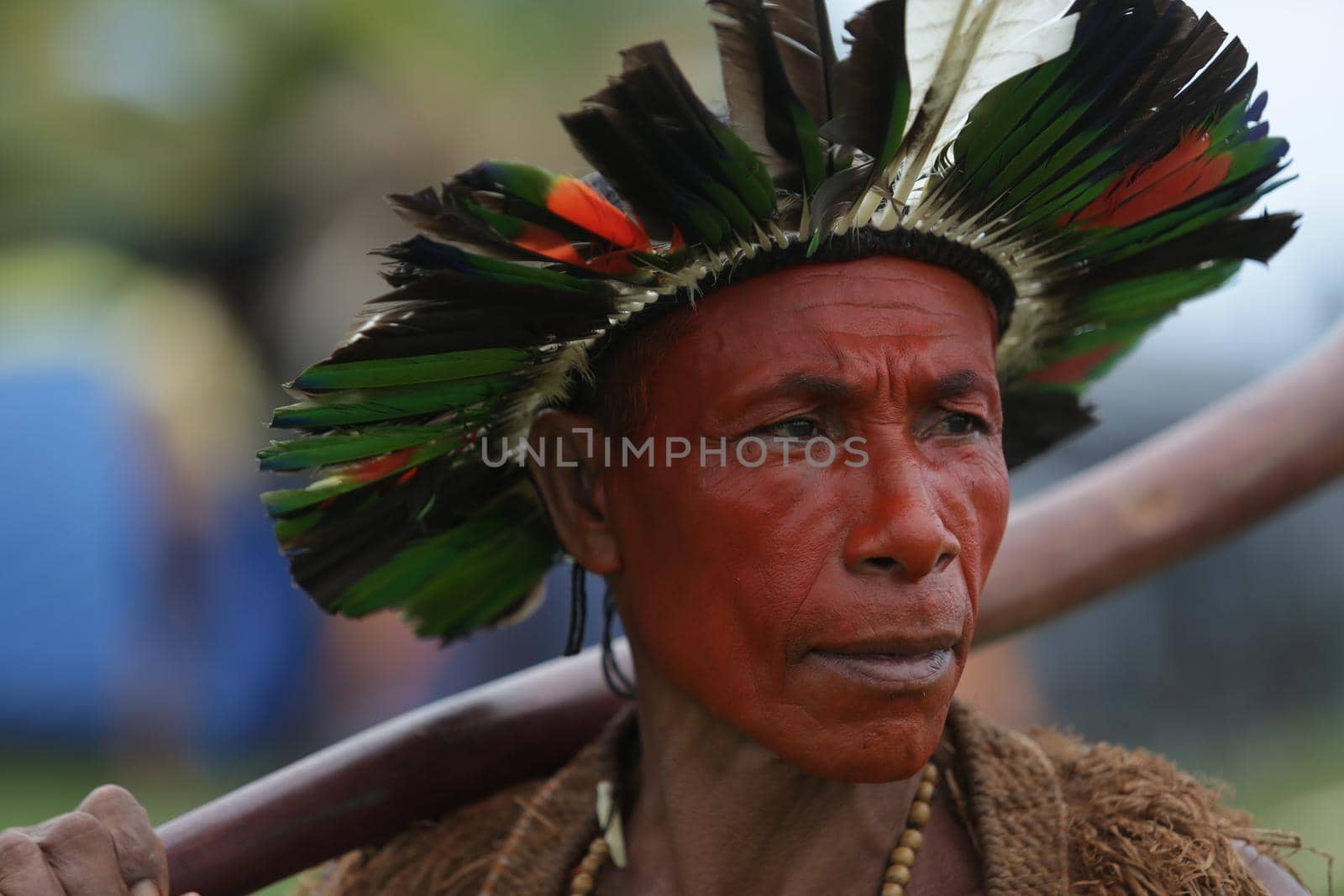 salvador, bahia / brazil - May 7, 2019: Indigenous of Bahia tribe are seen during to debate political conjuncture and demand demarcation of indigenous lands. 