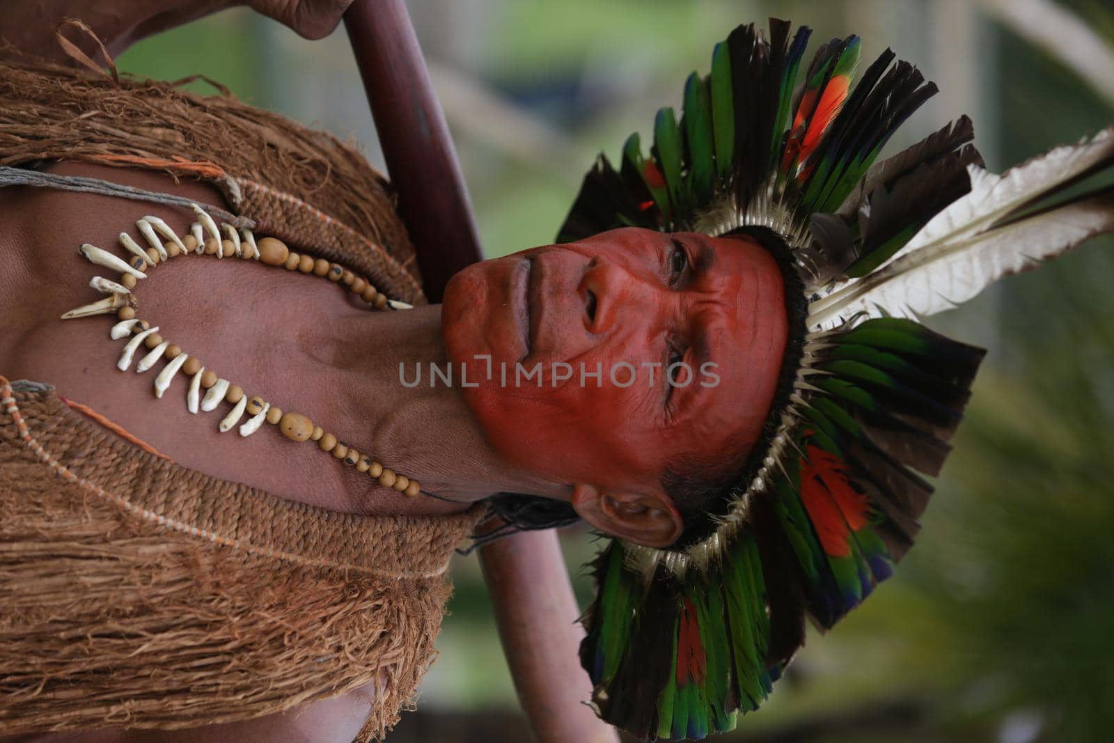 salvador, bahia / brazil - may 29, 2017: indigenous woman from Pataxo ethnicity is seen during a camp at the Bahia Administrative Center in Salvador to discuss the political situation and demand land demarcation.