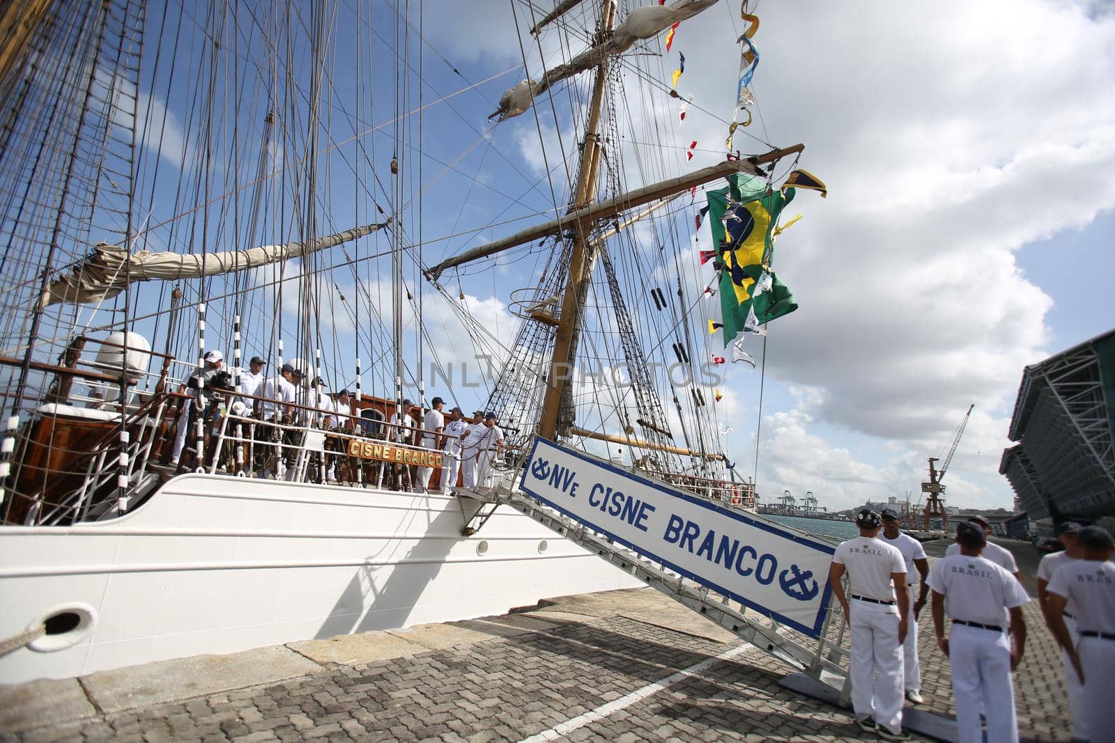 salvador, bahia, brazil - October 19, 2018: Crew of the White Swan ship is seen during operation on the vessel in Todos os Santos Bay.