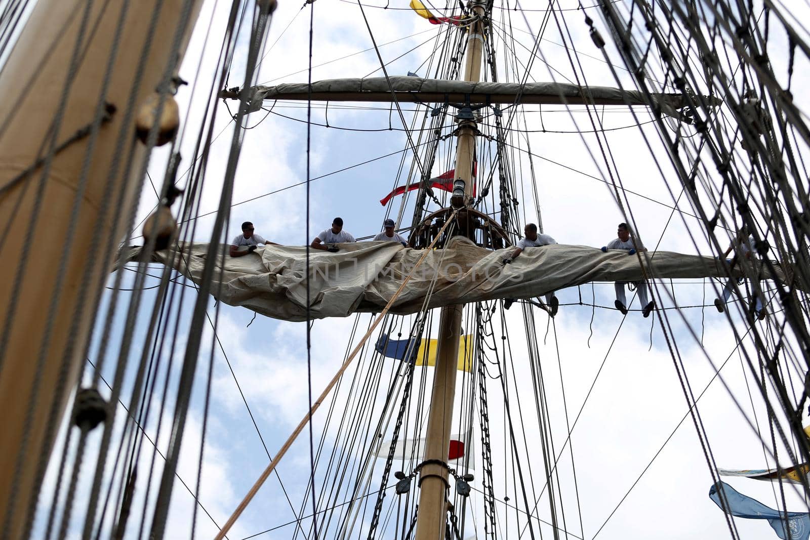 salvador, bahia, brazil - october 19, 2018: crew member of the Brazilian Navy's Cisne Branco are seen working on the vessel in the waters of the Todos os Santos Bay, in the city of Salvador.