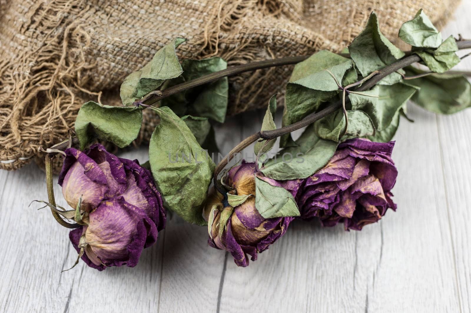 Abstract rose bouquet, Bouquet of dried flowers with old burlap texture on wooden table