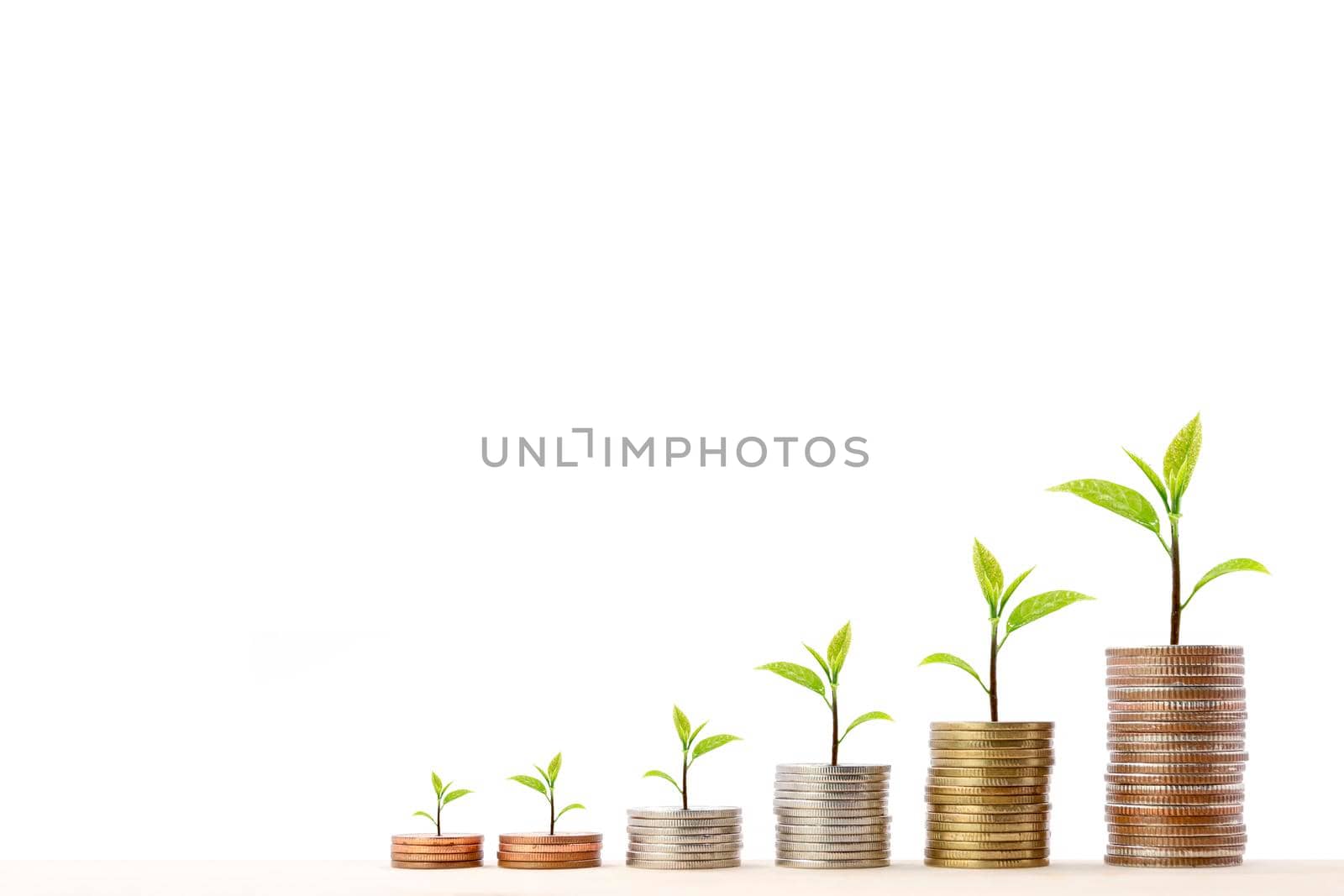 Stack of coins with a small tree at the top arranged in a graph. by wattanaphob