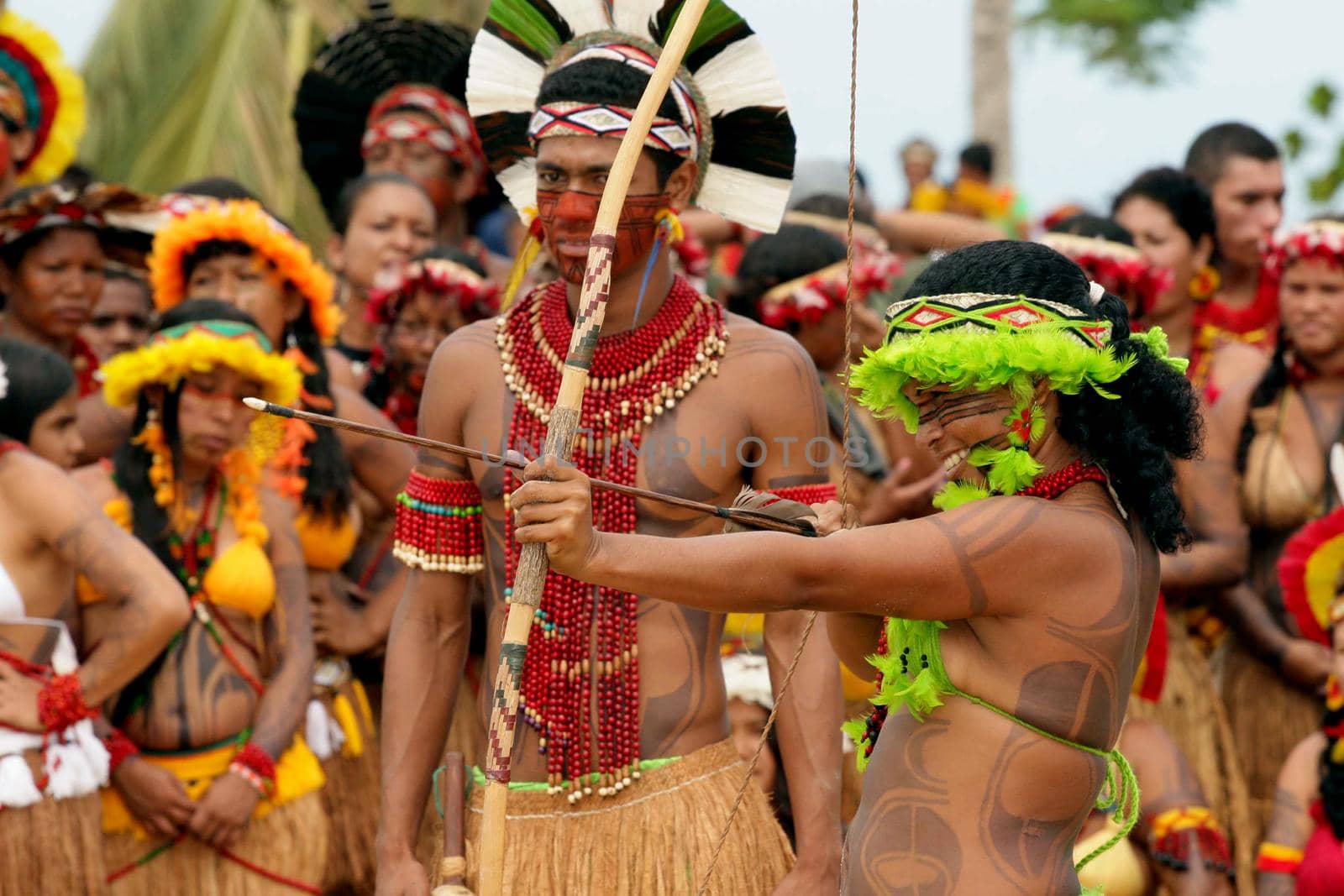 santa cruz cabralia, bahia, brazil - april 19, 2008: Pataxos Etinia Indians are spotted during indigenous games at Aldeia Coroa Vermelha in southern Bahia.