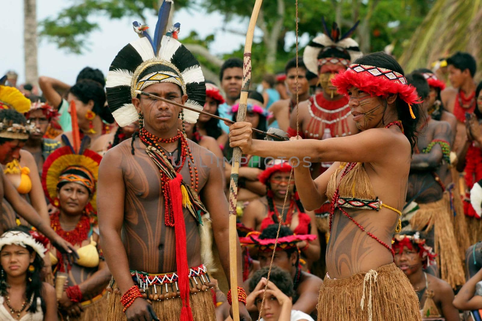 santa cruz cabralia, bahia, brazil - april 19, 2008: Pataxos Etinia Indians are spotted during indigenous games at Aldeia Coroa Vermelha in southern Bahia.