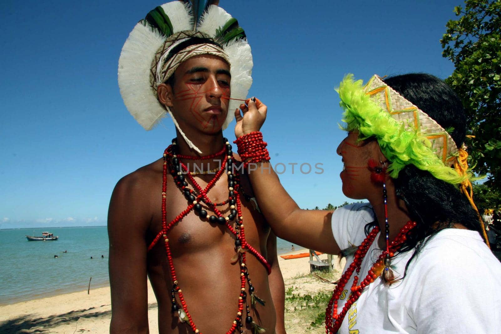 santa cruz cabralia, bahia, brazil - april 19, 2008: Pataxos Etinia Indians are spotted during indigenous games at Aldeia Coroa Vermelha in southern Bahia.