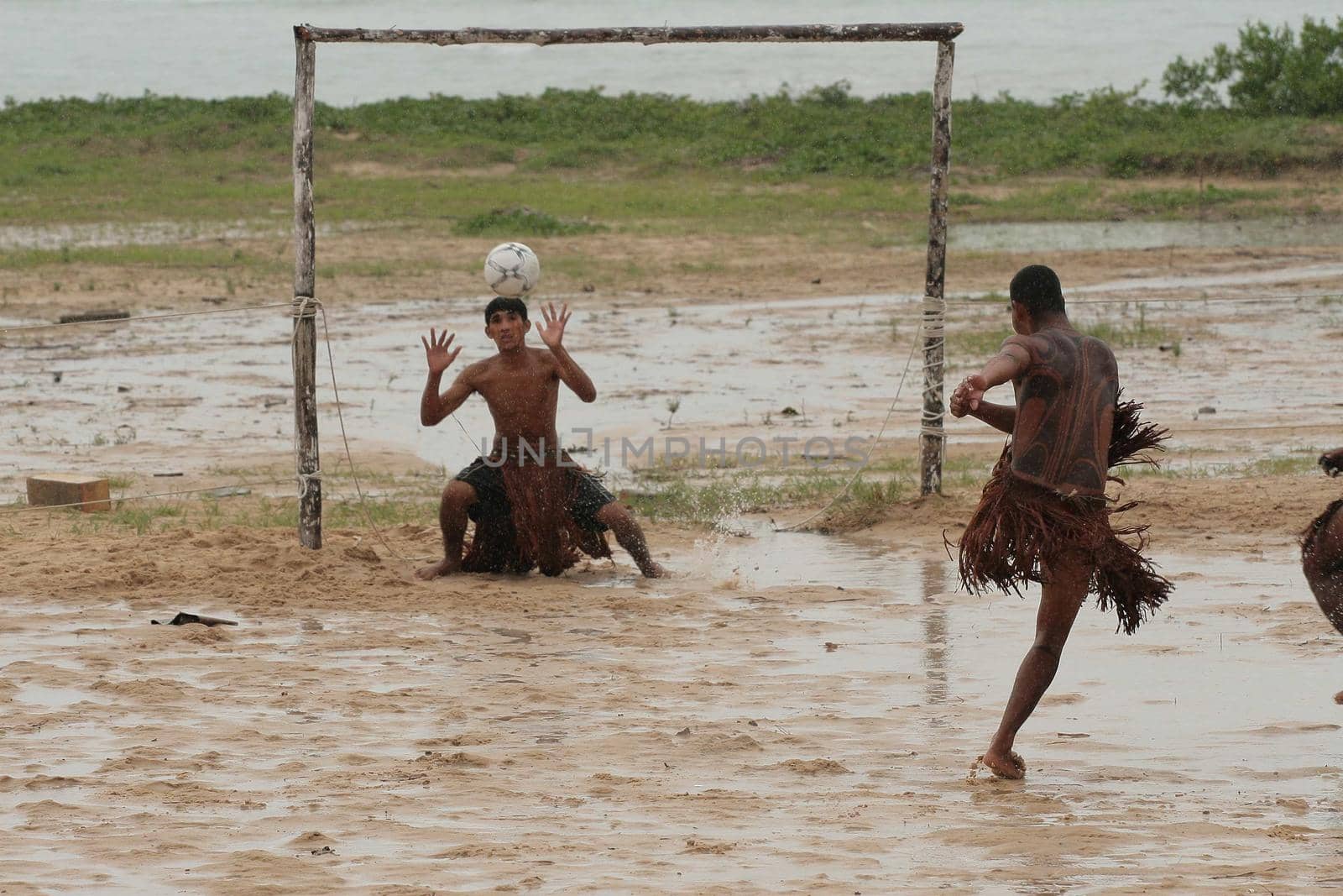 santa cruz cabralia, bahia / brazil - april 21, 2009: Ethnic Pataxo Indians are seen at a soccer match at Coroa Vermelha Village during the IX Edition of the Indian Games.