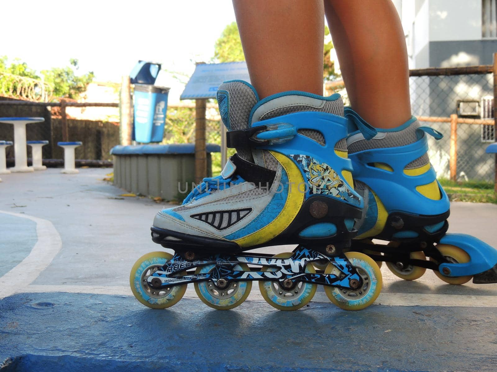 salvador, bahia, brazil - november 11, 2021: person wearing skates with wheels in a condominium in the city of Salvador.
