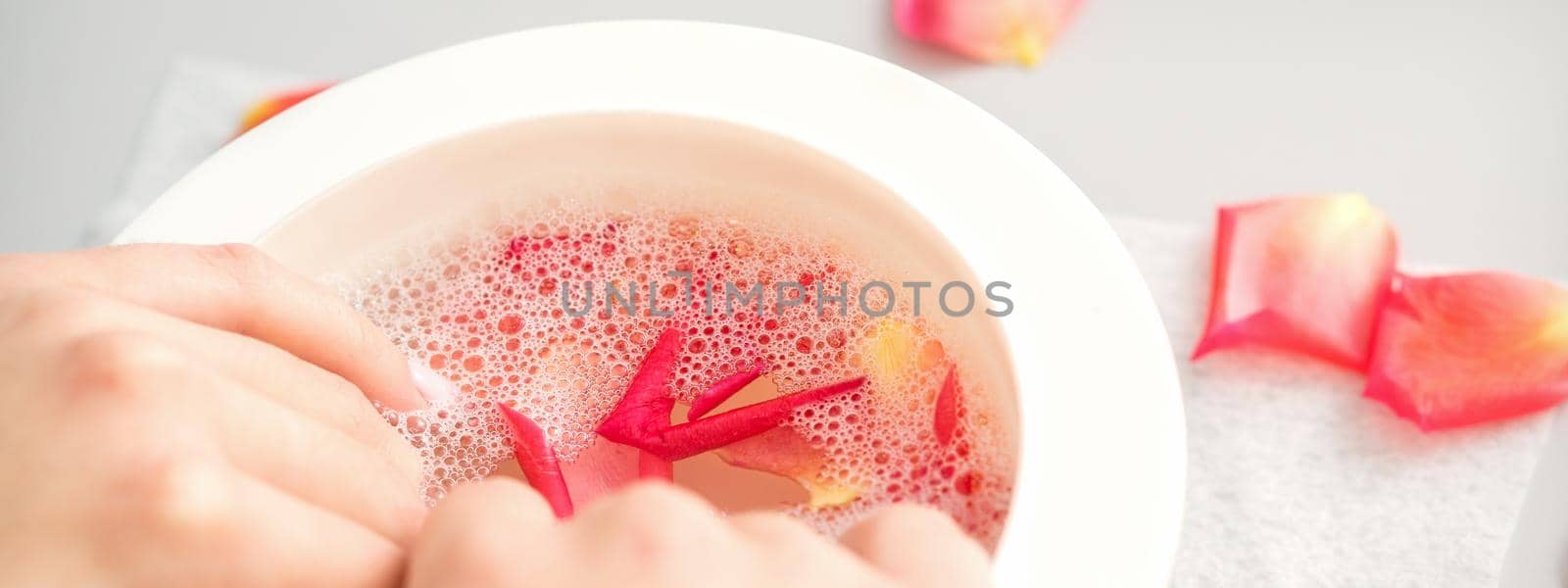 Female hands in a bowl of water with pink petals of rose flowers in spa. by okskukuruza