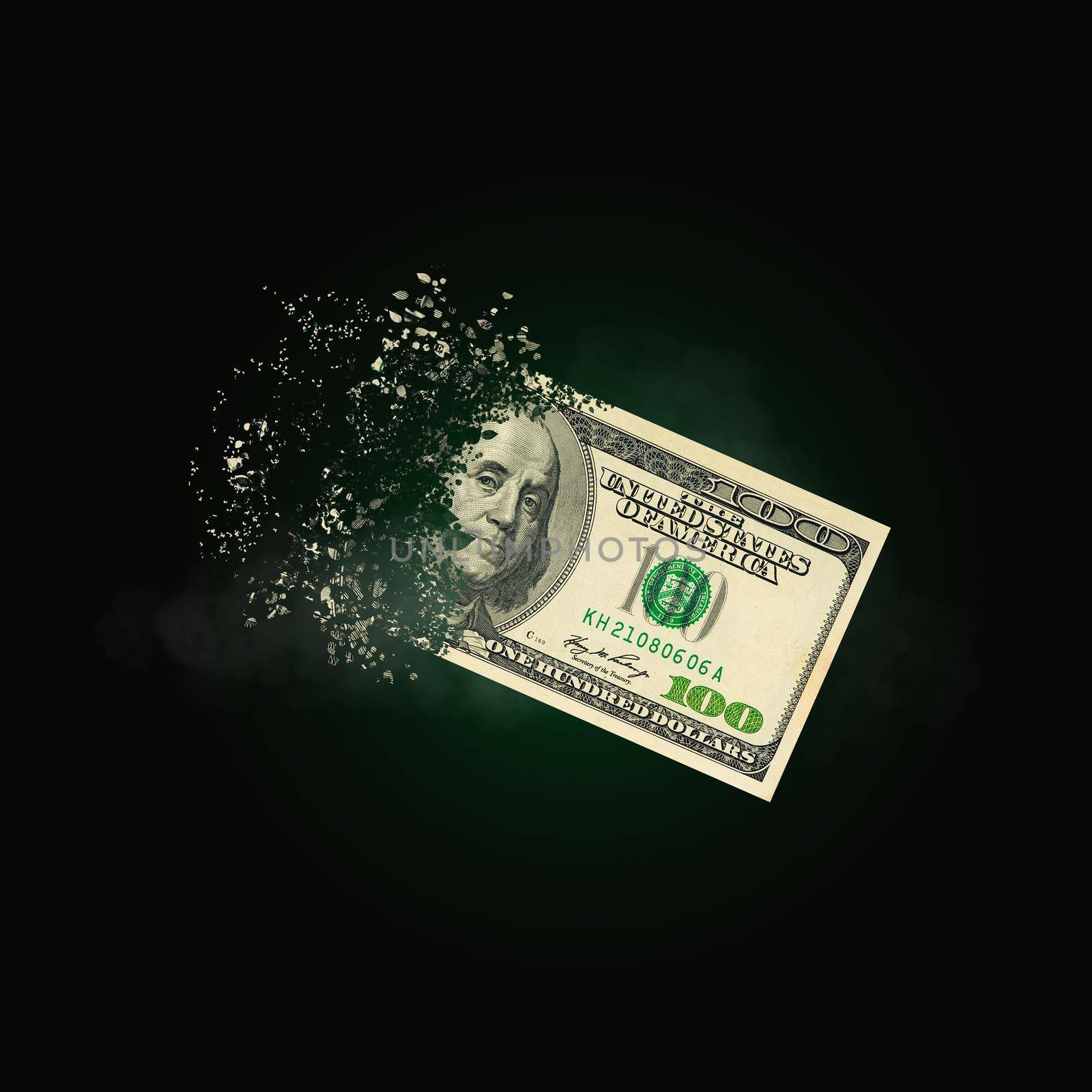 100 dollar bills scattered in the air. money inflation concept. the disappearance of banknotes by PhotoTime