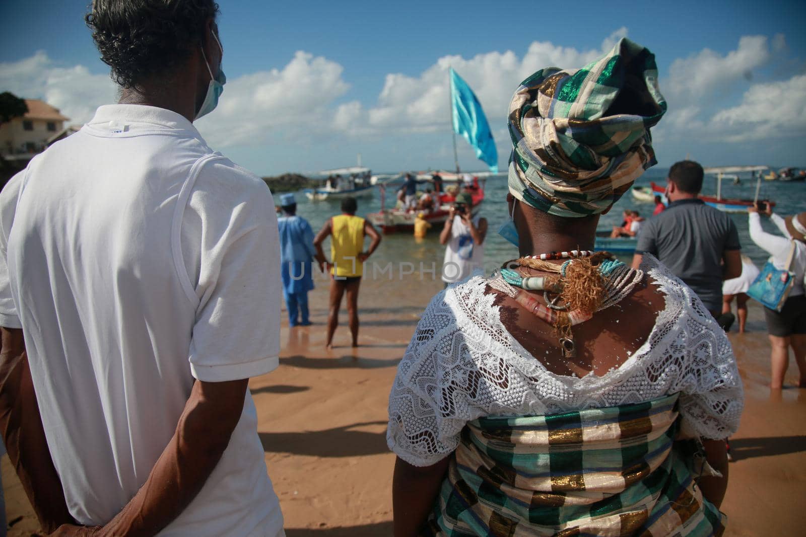salvador, bahia, brazil - february 2, 2022: Candomble devotees and supporters of the African matriaz religion pay tribute to the orixa Yemanja in the city of Salvador.