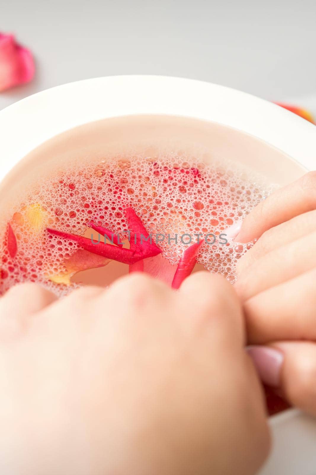 Female hands in a bowl of water with pink petals of rose flowers in spa