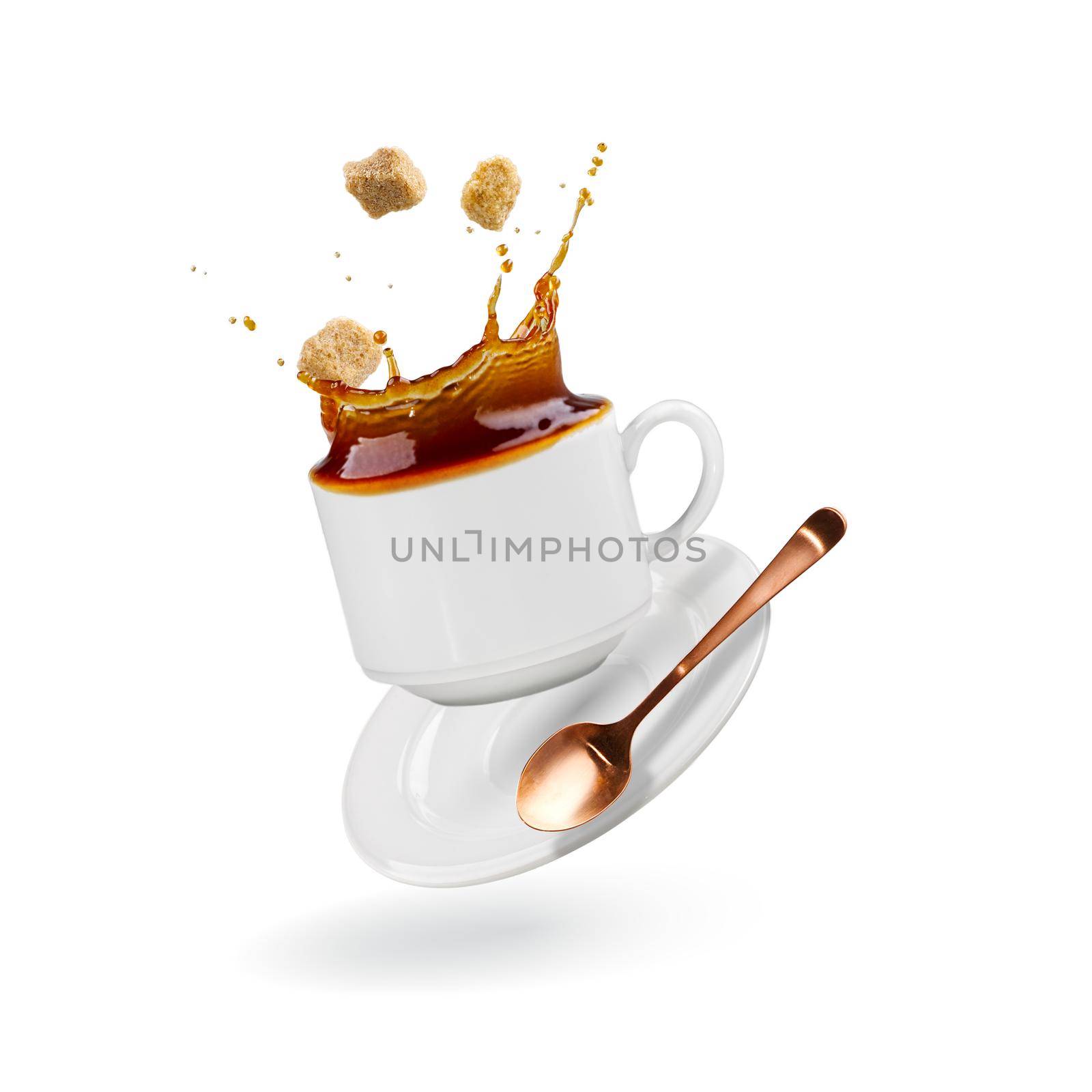 Falling coffee cup. Cup of coffee splashes while falling. Splash in white coffee cup. isolated by PhotoTime