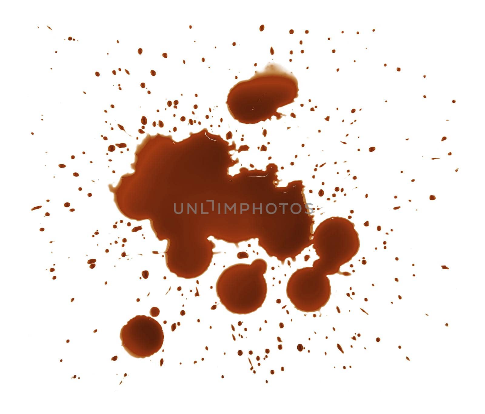 Close up brown coffee blob drops and wet stains isolated on white background