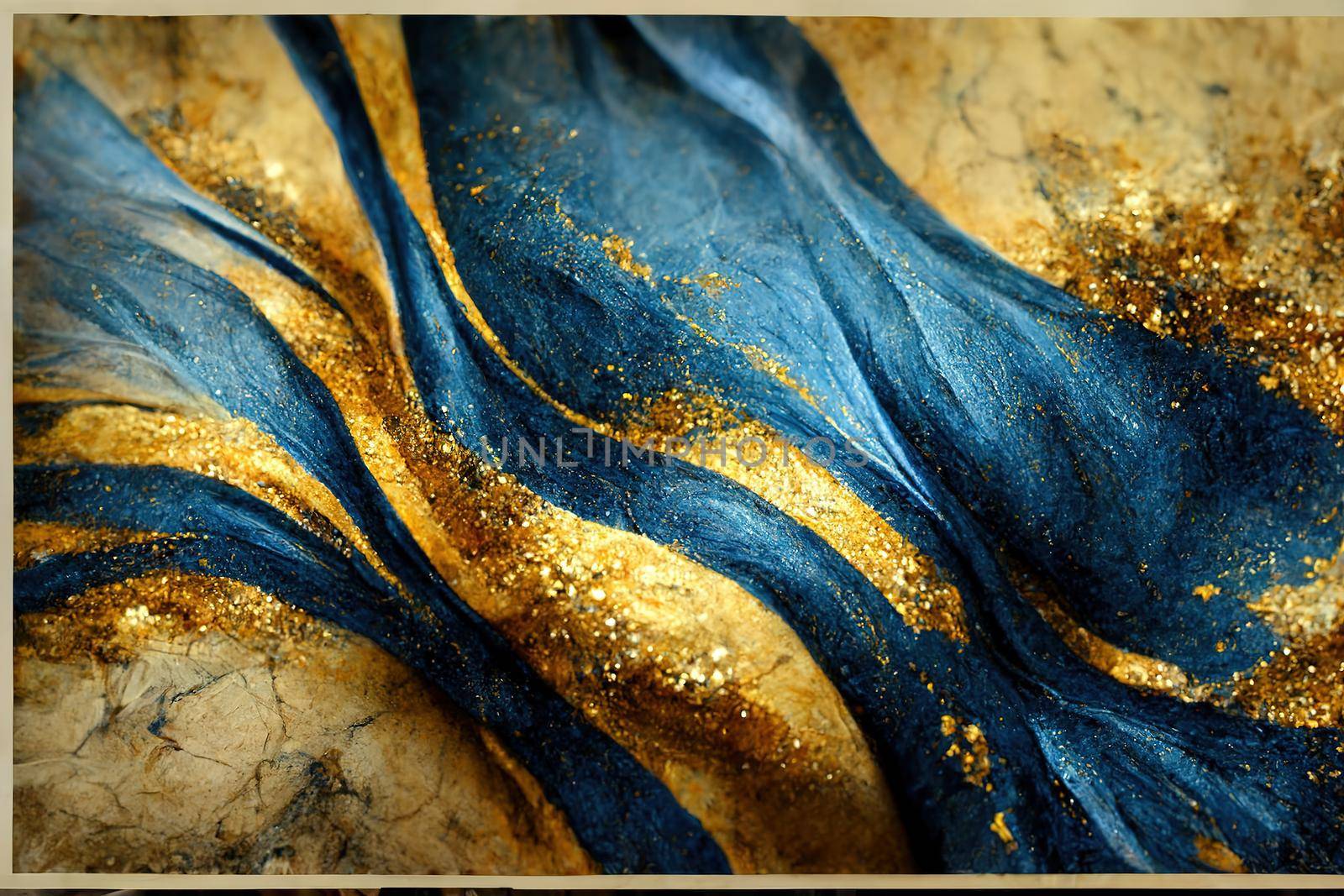 Spectacular dark blue and gold ink swirled around. Digital art 3D illustration. by biancoblue