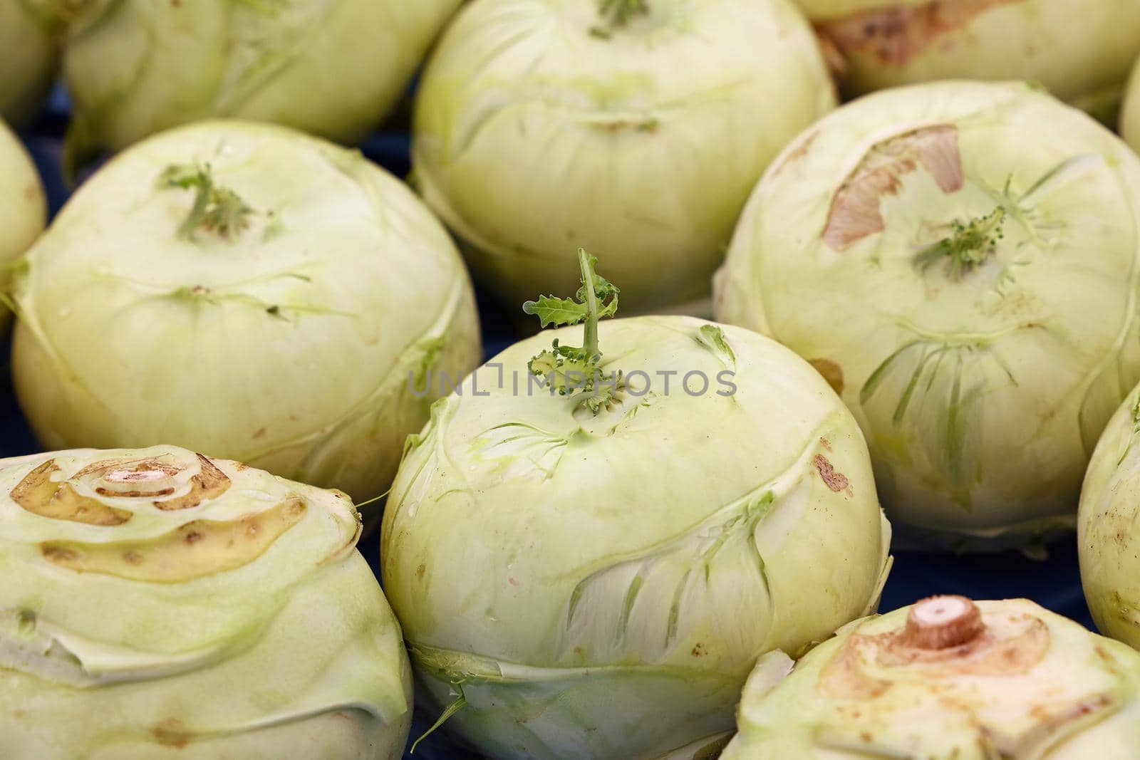 Close up fresh green kohlrabi on retail display by BreakingTheWalls