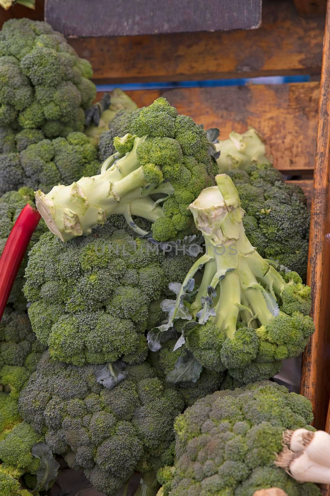 Close up fresh green broccoli on retail display by BreakingTheWalls