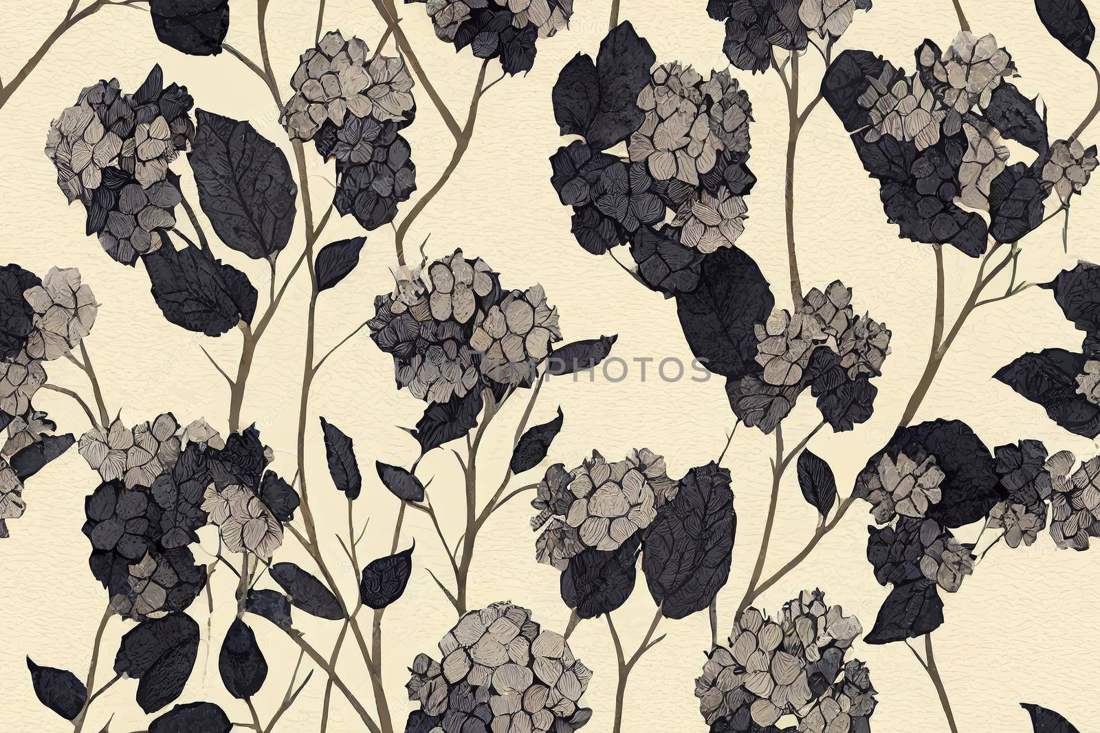 Summer watercolor seamless pattern with black and white hydrangeas on a beige background. Botanical motif for textile and surface design