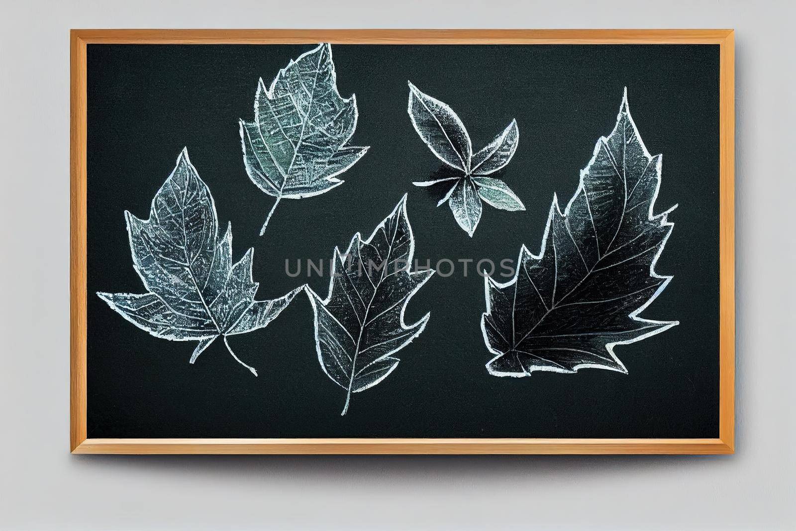 The leaves are drawn in chalk on a blackboard for the sale of a design, a web banner Make an autumn composition of posters, postcards, stickers, decor, school decor, EPS 10 White line on even , anime