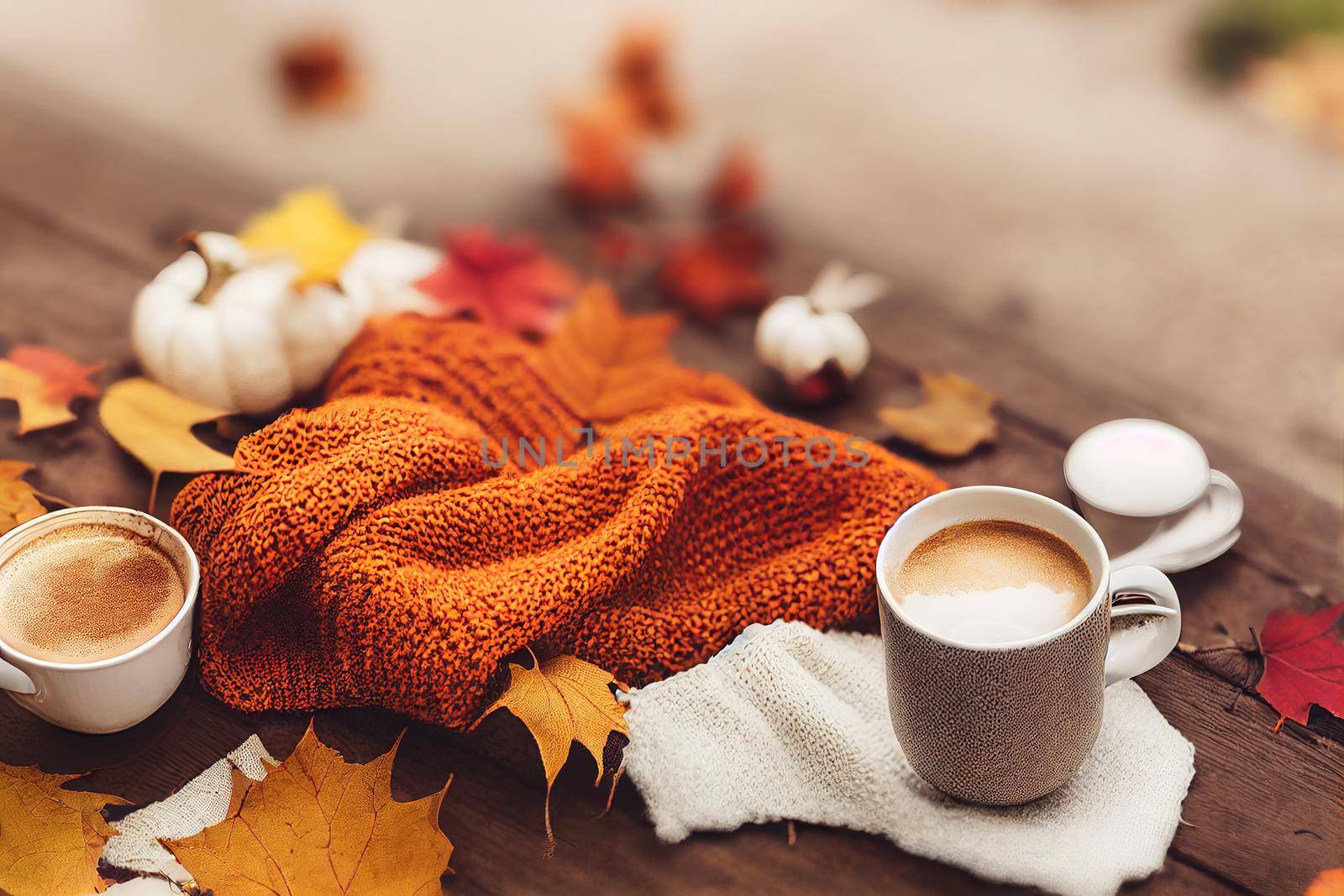 Autumn composition A cup of coffee with milk, a woman's sweater, autumn leaves Flat lay, top view, copy space High quality photo , anime style
