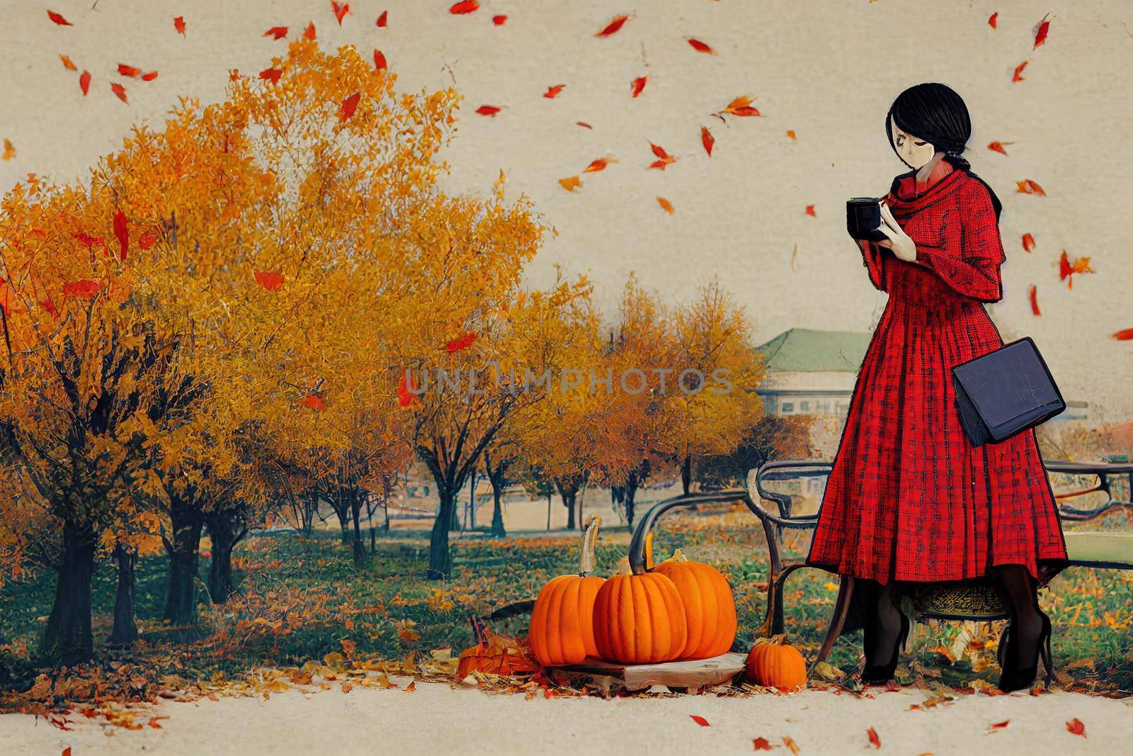 Woman in red checked dress reads an e book Coffee, pie, scarf, fall leaves and pumpkin A postcard and a vintage camera Autumn composition Bishkek, Kyrgyzstan November 1, 2019 , anime style