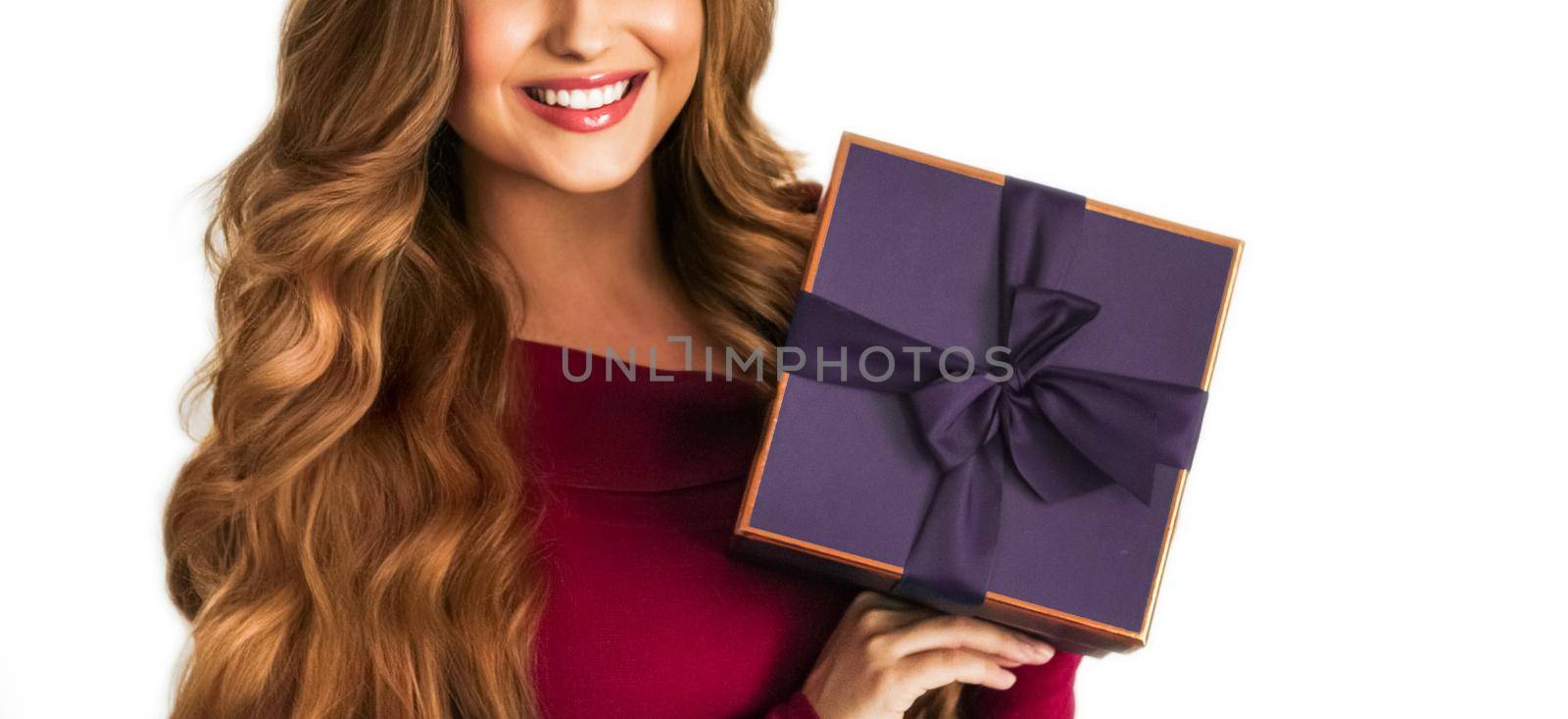 Birthday, Christmas or holiday present, happy woman holding a green gift or luxury beauty box subscription delivery isolated on white background by Anneleven