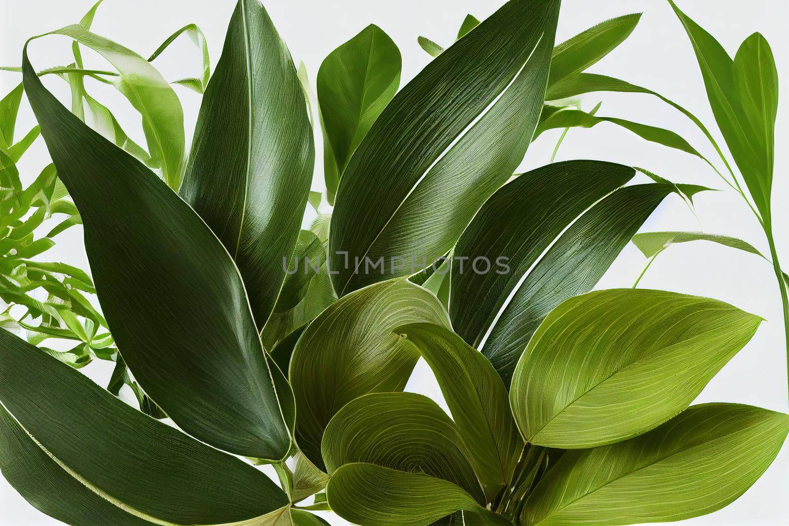 Group Green leaves tropical foliage plant bush of philodendron, dracaena and fern floral arrangment nature backdrop isolated on white background, clipping path included , anime style