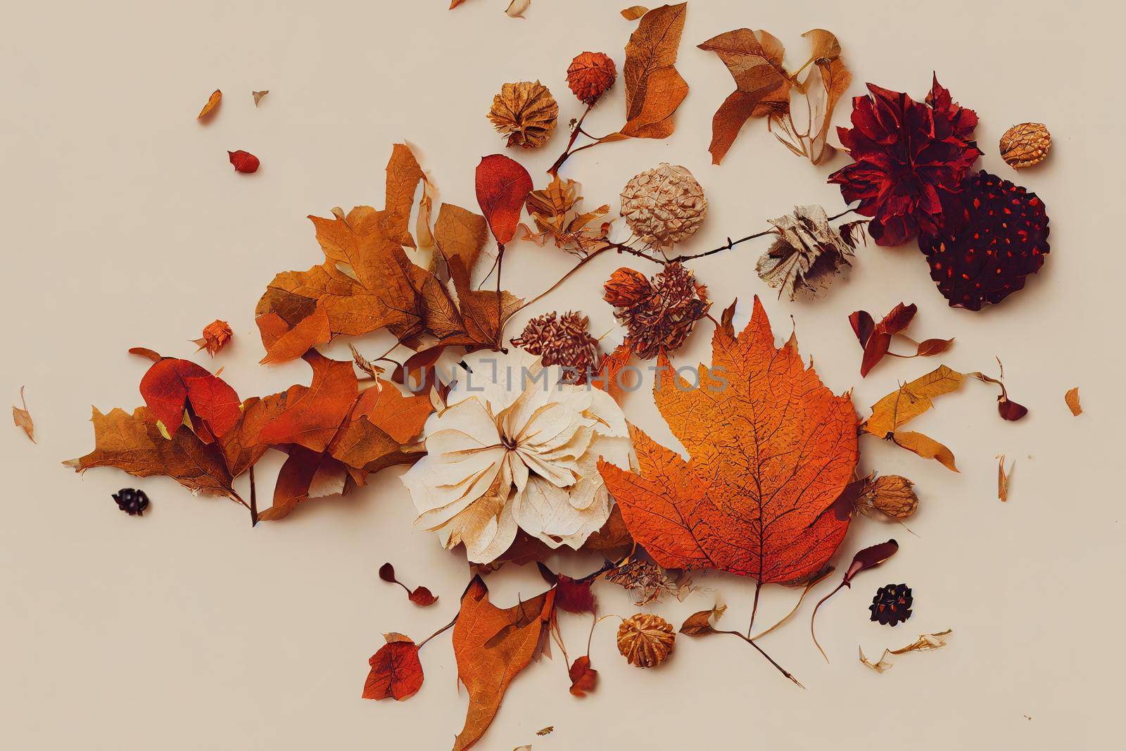 Autumn composition Pattern made of dried leaves, flowers, berries on white background Autumn, fall, thanksgiving day concept Flat lay, top view , anime style
