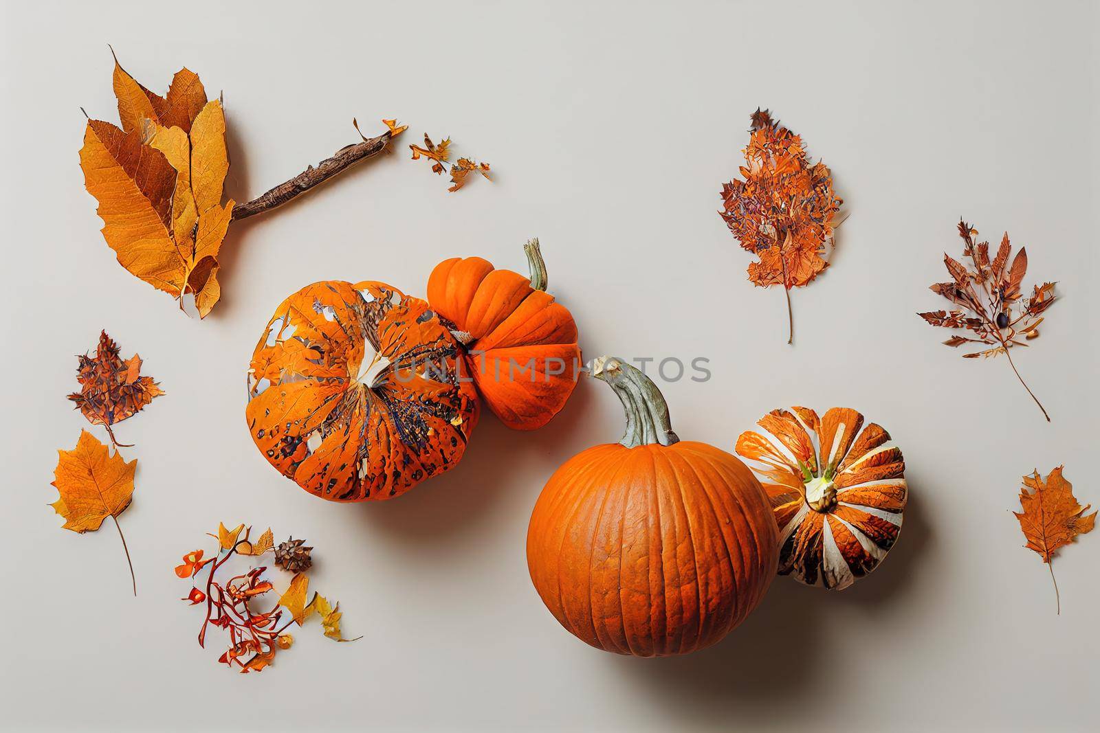 Autumn composition Dried leaves, pumpkins, flowers, rowan berries on white background Autumn, fall, halloween, thanksgiving day concept Flat lay, top view, copy space , anime style